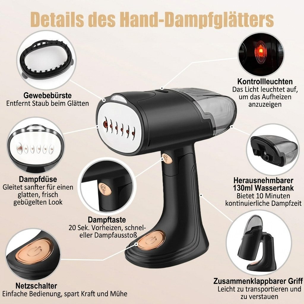 Feelhap Reise-Dampfbügeleisen Vertikales Dampfbügeleisen 1500 W 130 ml mit Dampfbürste, faltbar, 1500 W, 1500 W, klappbarer Griff, 130-ml-Tank, Bürstenaufsatz – Bild 5 von 5