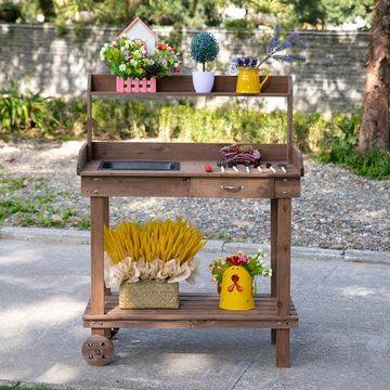 Outsunny Pflanztisch Blumentisch mit Schublade 2 Stufen, mit Waschbecken und Rollen (Arbeitstisch, 1-St., Gärtnertisch), für Garten, braun