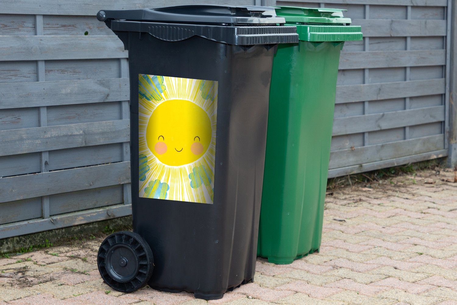 Abfalbehälter Wandsticker Illustration Mülleimer-aufkleber, Kinder Sonne Gelb - - - MuchoWow Container, St), (1 Mülltonne, Sticker,