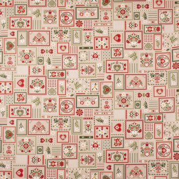 SCHÖNER LEBEN. Stoff Dekostoff Landhaus Edelweiß Patchwork Blumen Herzen natur grün rot 1, pflegeleicht