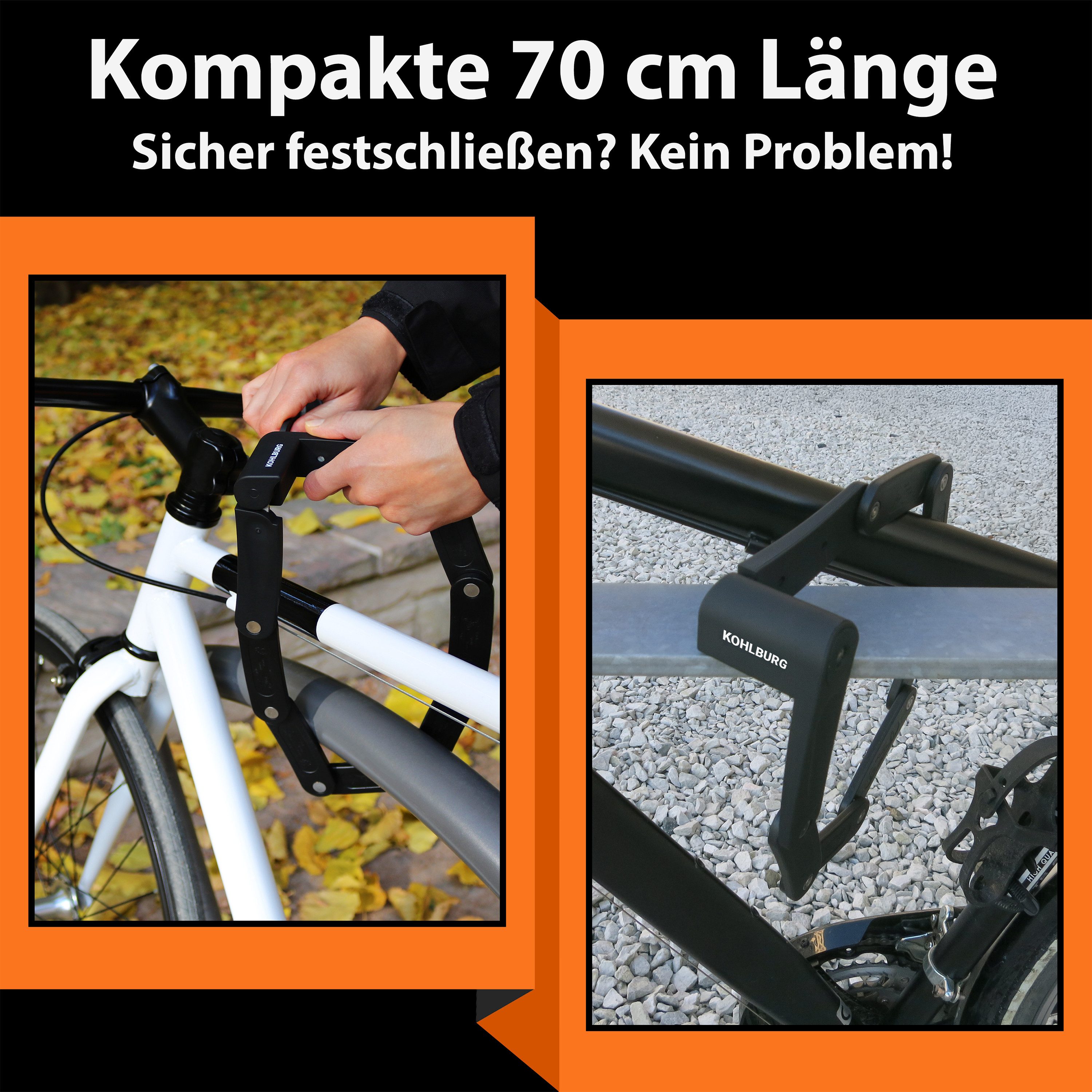 KOHLBURG Faltschloss [680g leicht & 70cm lang] Sicheres Fahrradschloss für E-Bike & Fahrrad, Sicheres Fahrradschloss aus gehärtetem Stahl mit Halterung