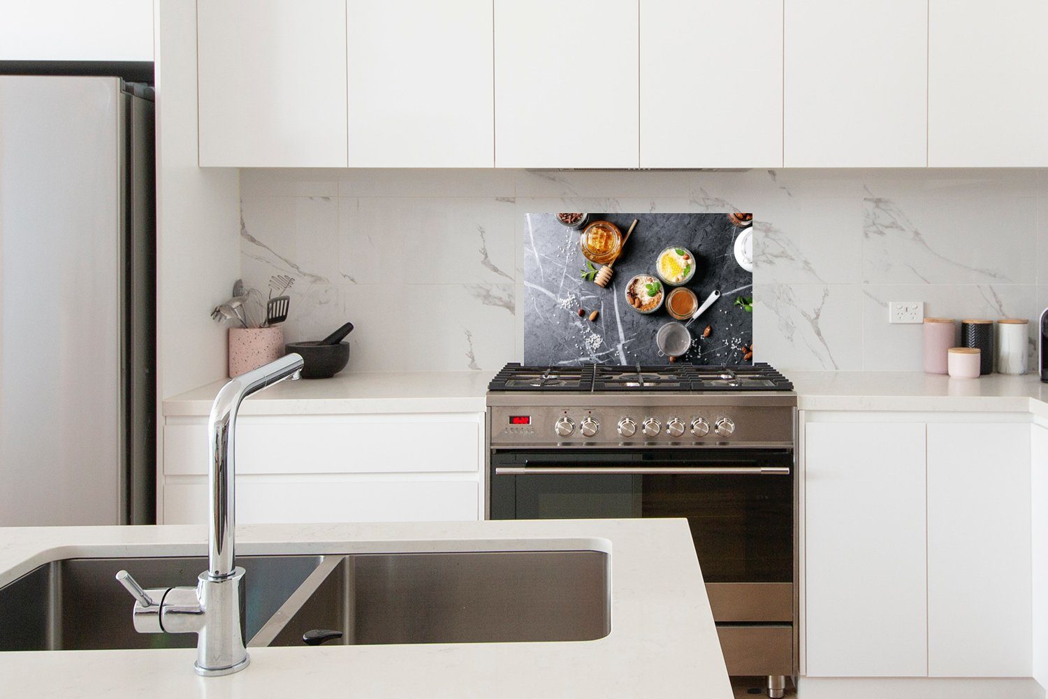 - Wandschutz, Gewürze Herdblende Küche - küchen Küchenrückwand cm, Temperaturbeständig MuchoWow Honig Marmor, aus (1-tlg), - 60x40