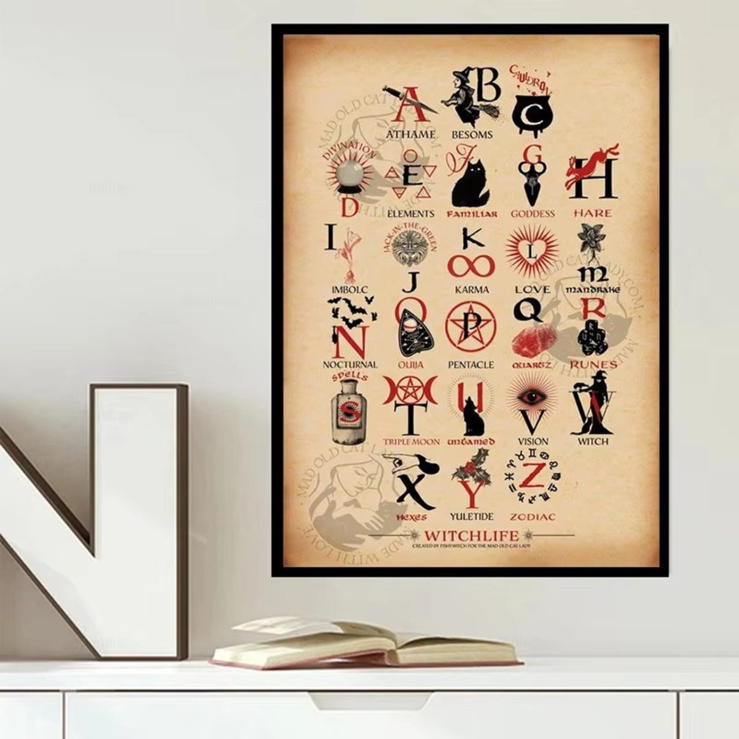 TPFLiving Kunstdruck OHNE RAHMEN, Magische Hexenkunst mit Vintage-Charme - (Leinwandbild XXL), Farben: Farben: Schwarz, Lila, Orange, BeigeGröße: 20x30cm