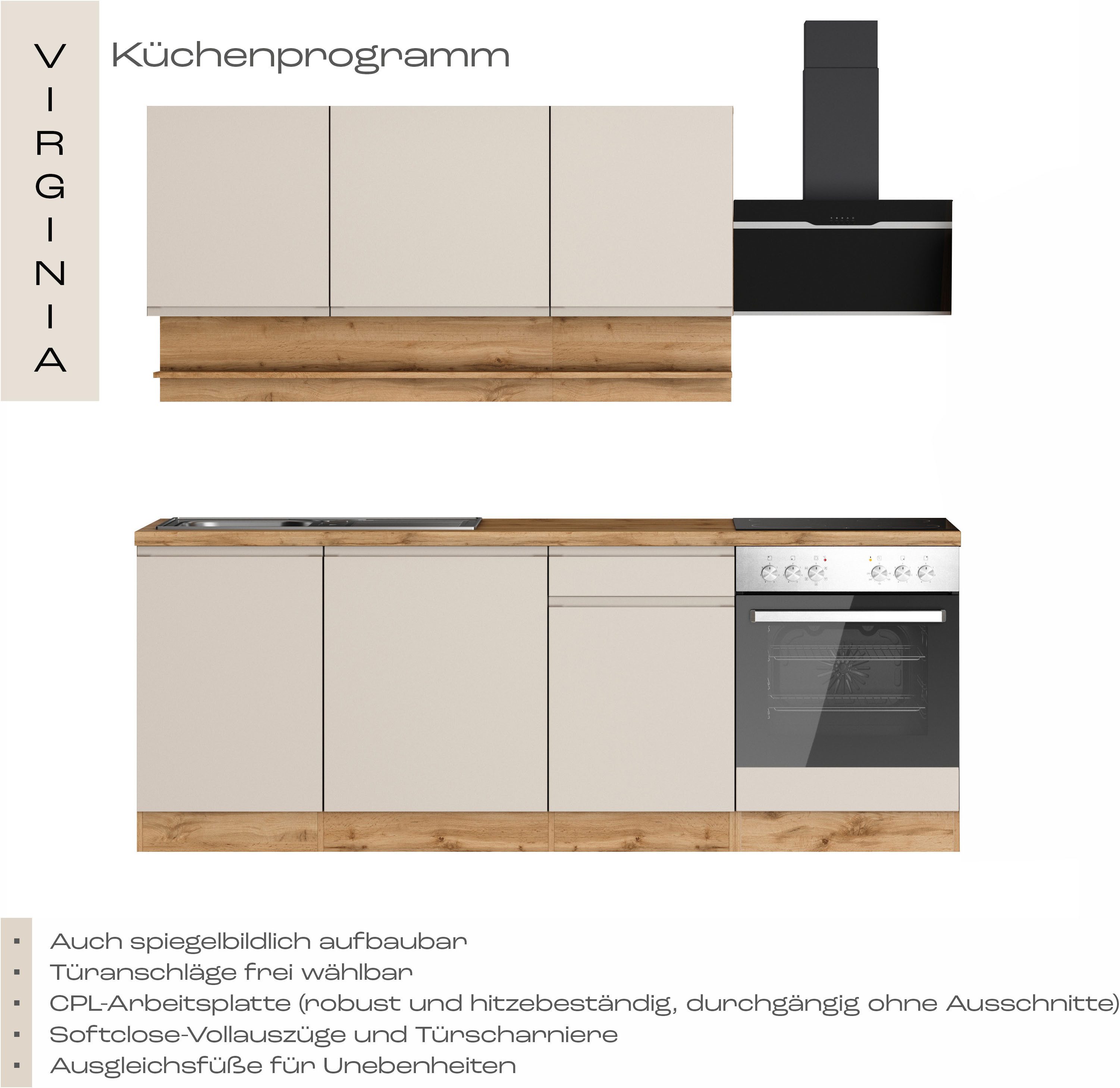 KOCHSTATION Küchenzeile KS-Virginia,neu in verbesserter Ausführung, Breite 220 cm, Soft-Close, wahlweise mit E-Geräten – Bild 4 von 5