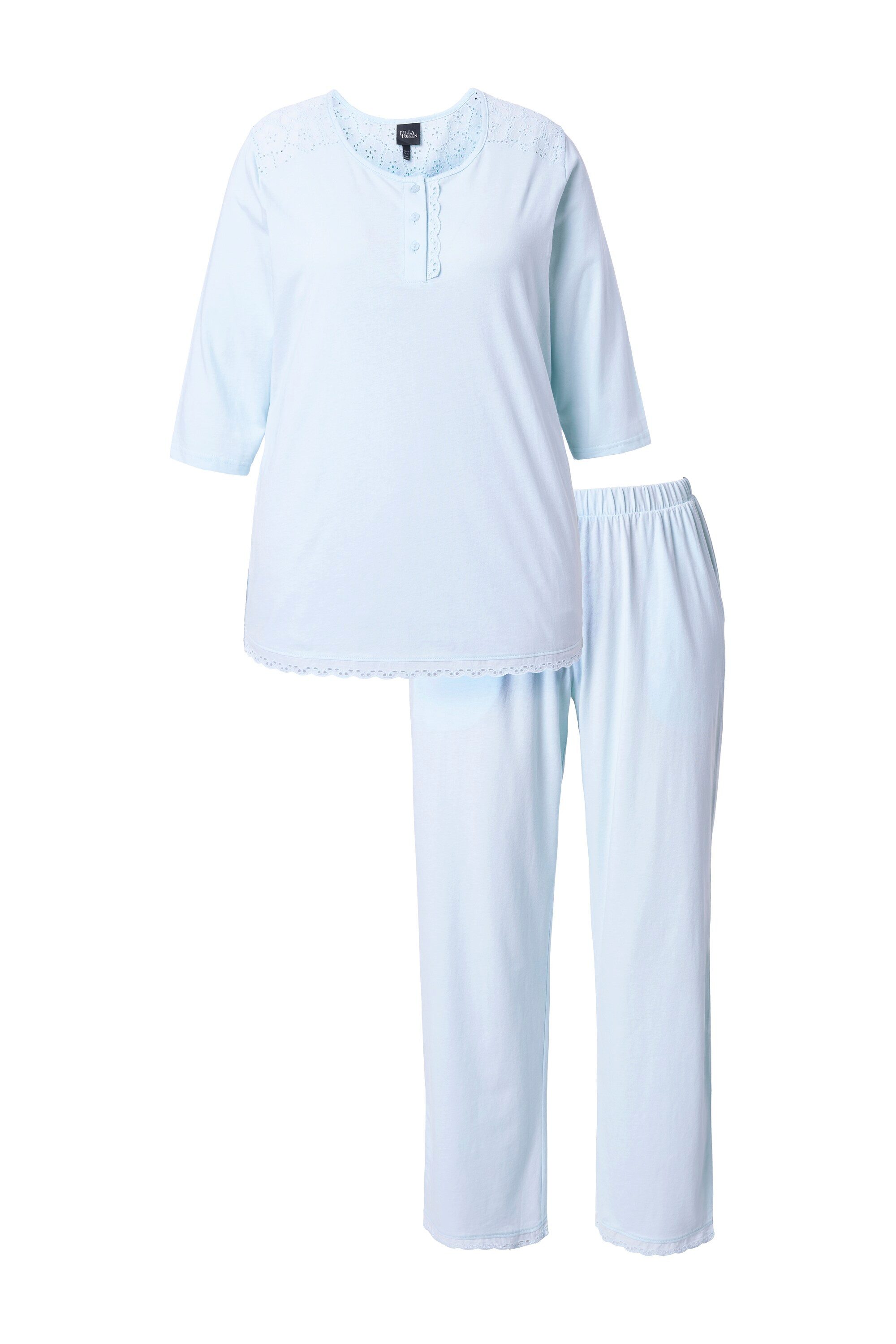 Ulla Popken Pyjama Pyjama Zweiteiler Lochstickerei Zierfalte 3/4-Arm günstig online kaufen