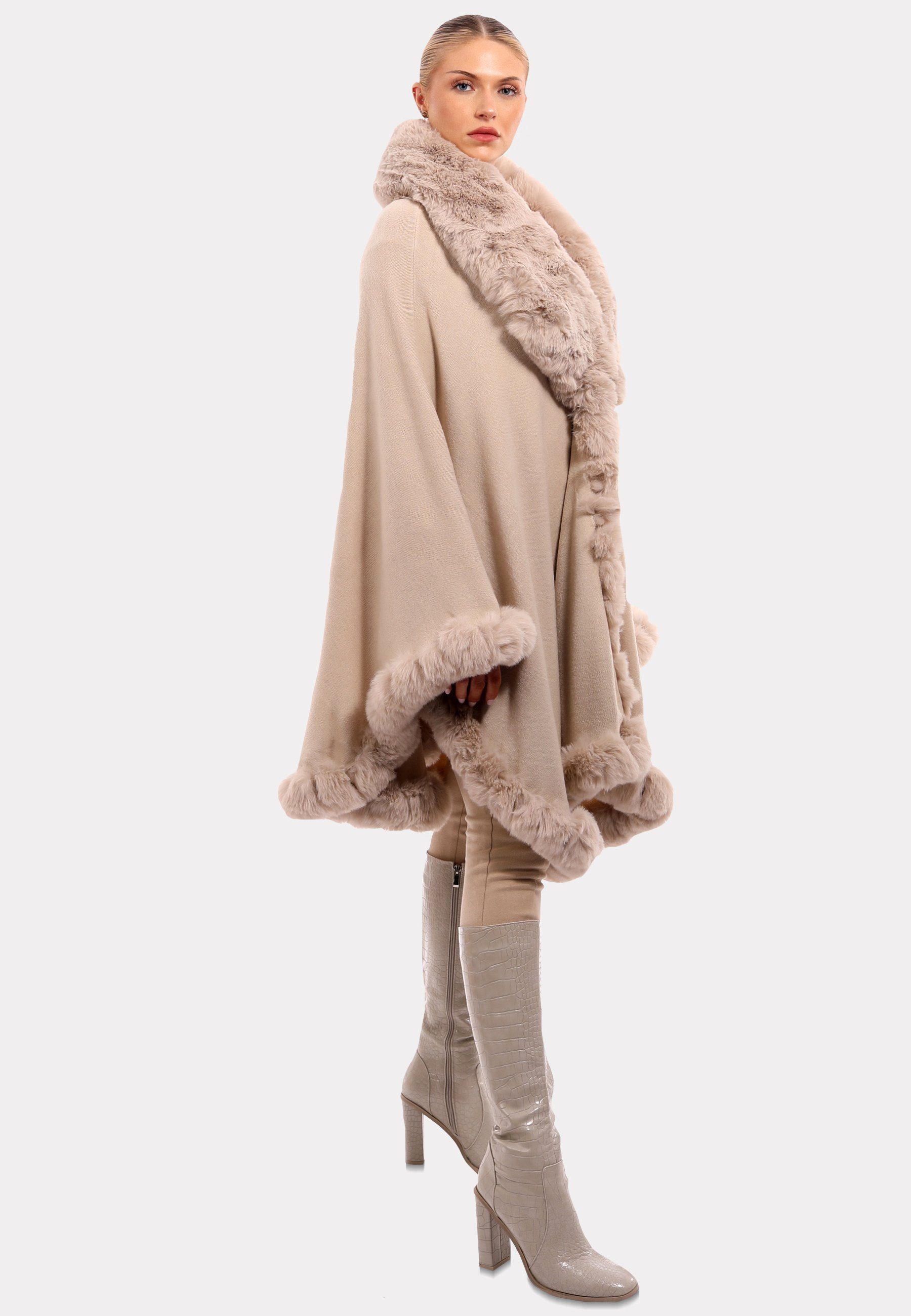 Fließender Unifarbe & in Luxuriösem Fashion (1-St) YC Poncho Kunstpelz-Besatz" beige "Edler Style Poncho mit