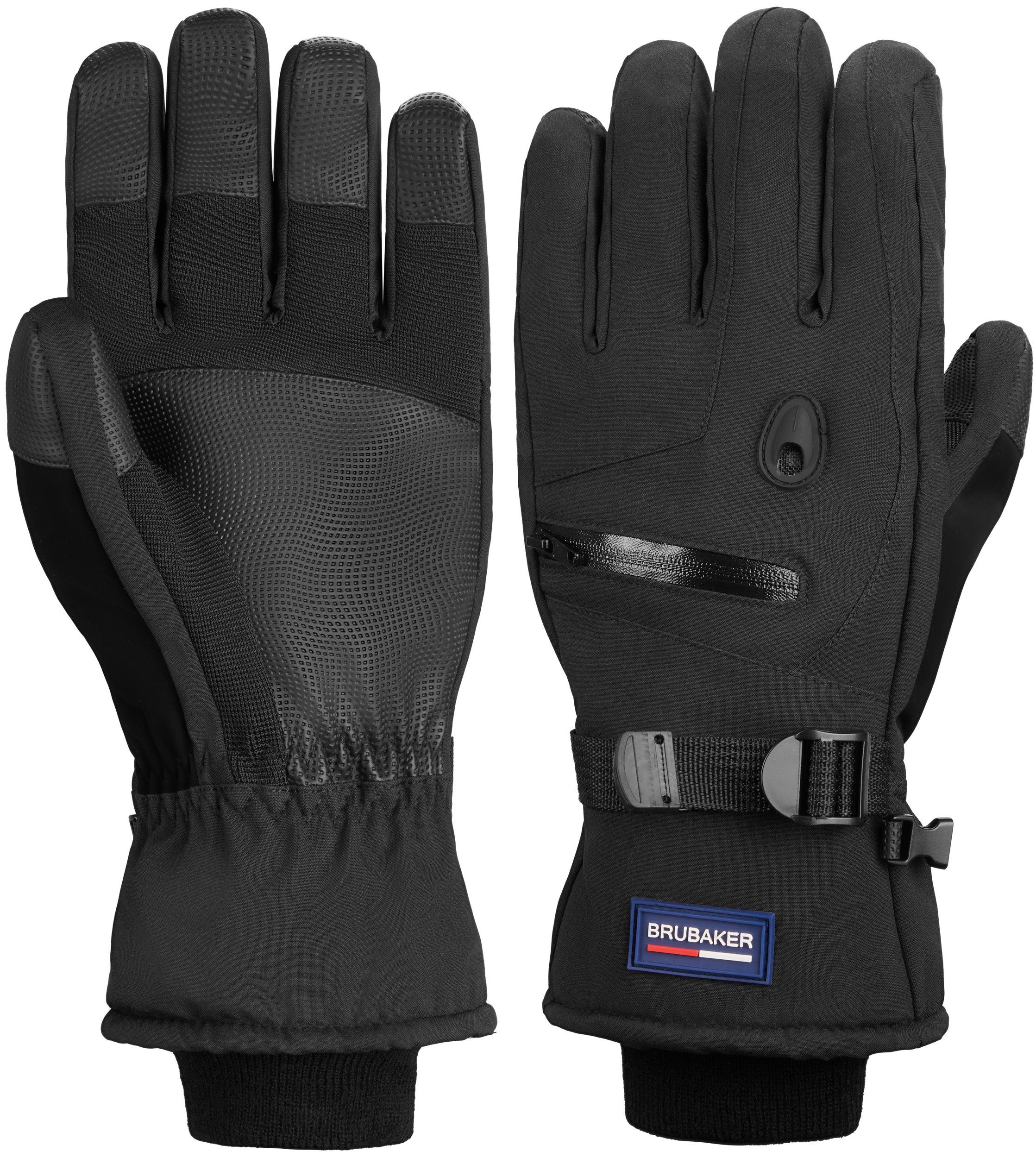 BRUBAKER Skihandschuhe Thermo Handschuhe für Ski Snowboard Wintersport (mit Reißverschluss-Tasche) Wasserdicht und Winddicht – Winterhandschuhe für Herren und Damen - Extra Warme Snowboardhandschuhe