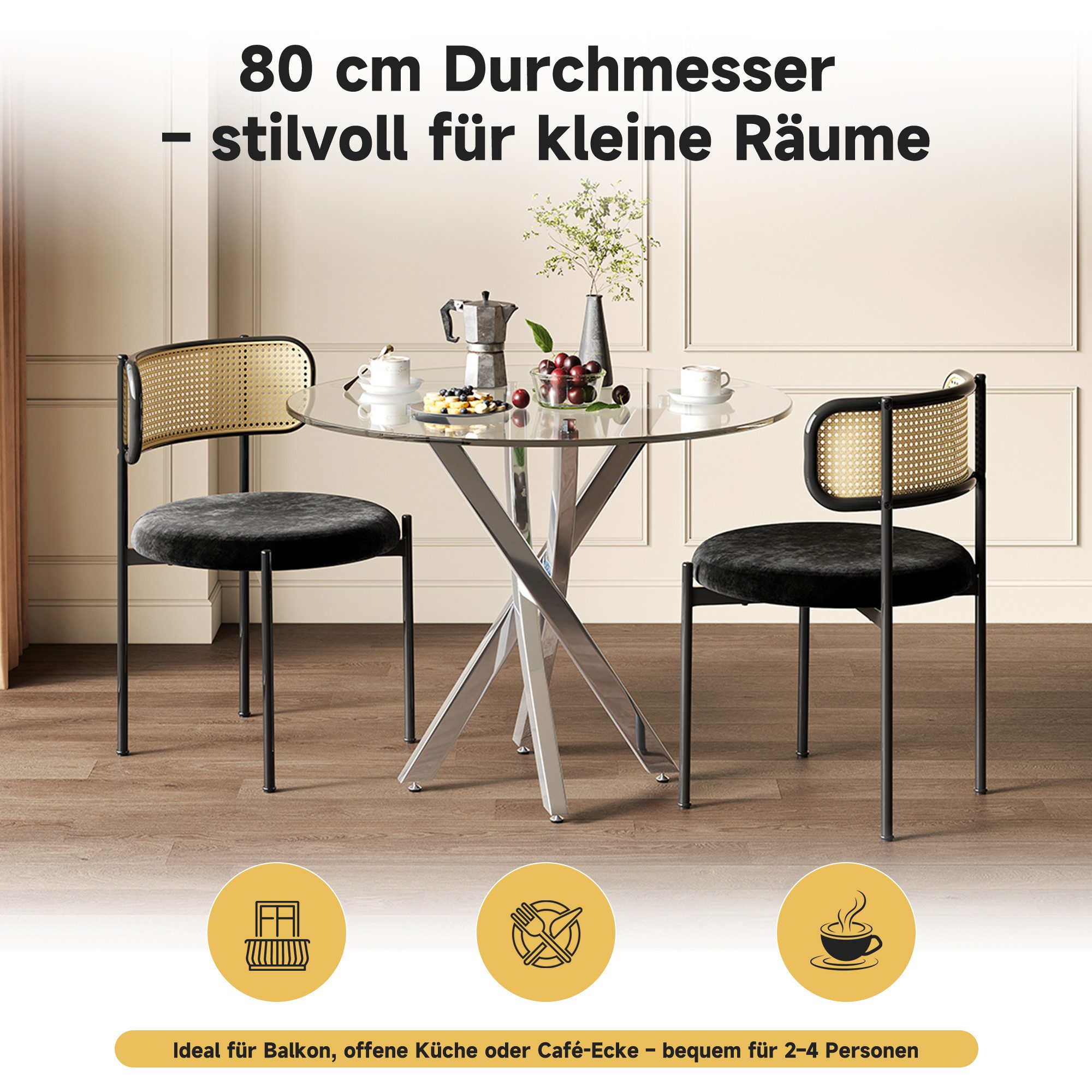 MODFU Essgruppe Essgruppe, (Esstisch-Set, 3-tlg., verzinkte Tischbeine), 80*80*75 Tischplatte aus gehärtetem Glas