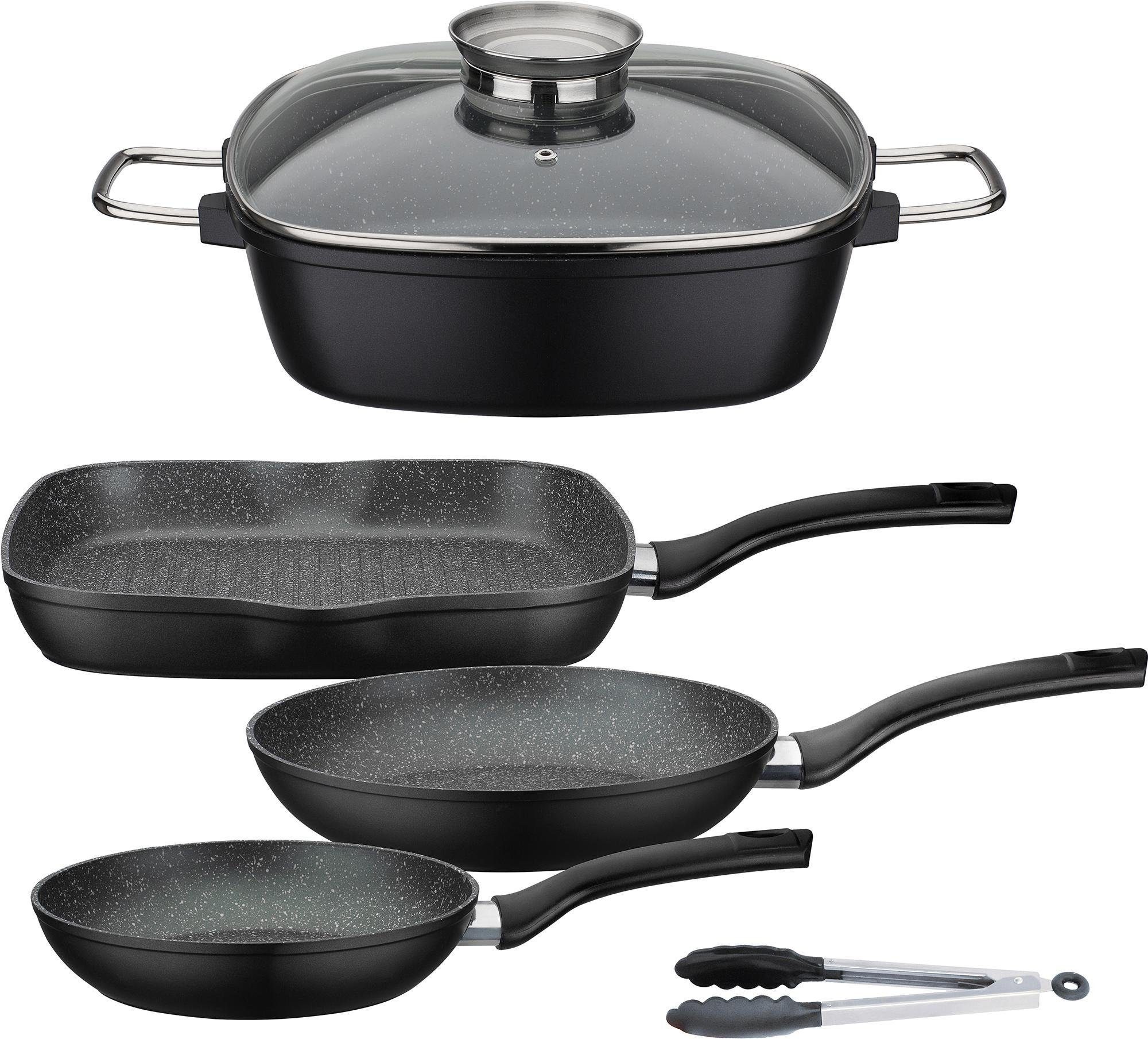 GSW Topf-Set Gourmet Granit, Aluminiumguss (Set, 5-tlg., 1 x Bräter, 1x Grillpfanne 28x28 cm, je 1x Bratpfanne Ø 20/24 cm), Induktion