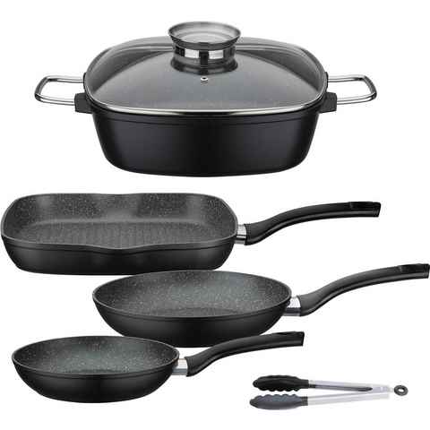 GSW Topf-Set Gourmet Granit, Aluminiumguss (Set, 5-tlg., 1 x Bräter, 1x Grillpfanne 28x28 cm, je 1x Bratpfanne Ø 20/24 cm), Induktion