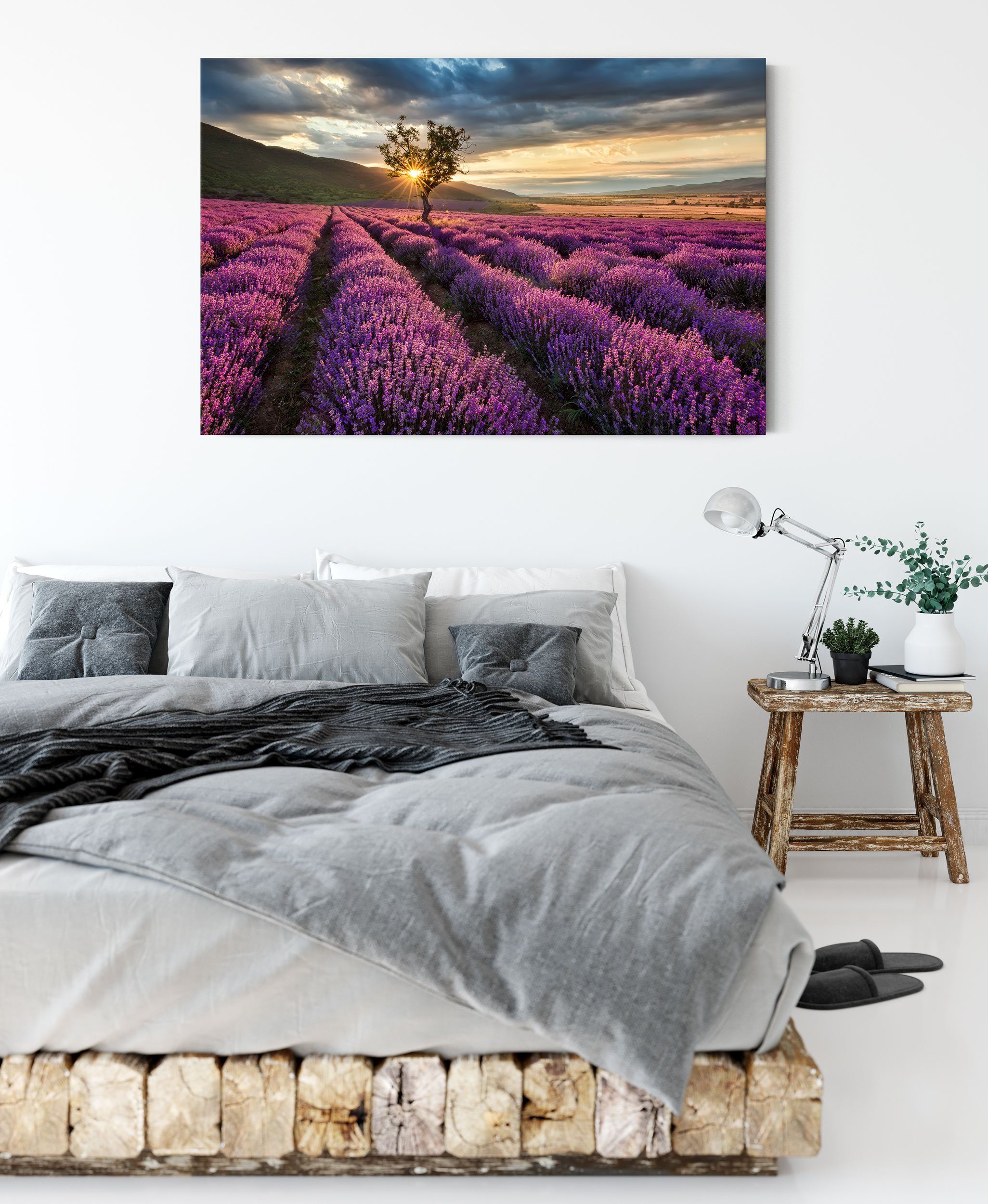 Pixxprint Leinwandbild Lavendel Provence mit Baum, Lavendel Provence mit Baum (1 St), Leinwandbild fertig bespannt, inkl. Zackenaufhänger