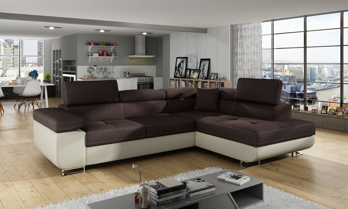 Couchen Couch JVmoebel Polster Bettfunktion Ecksofa, Ecksofa Braun/Weiß Sofa Klassisch Design
