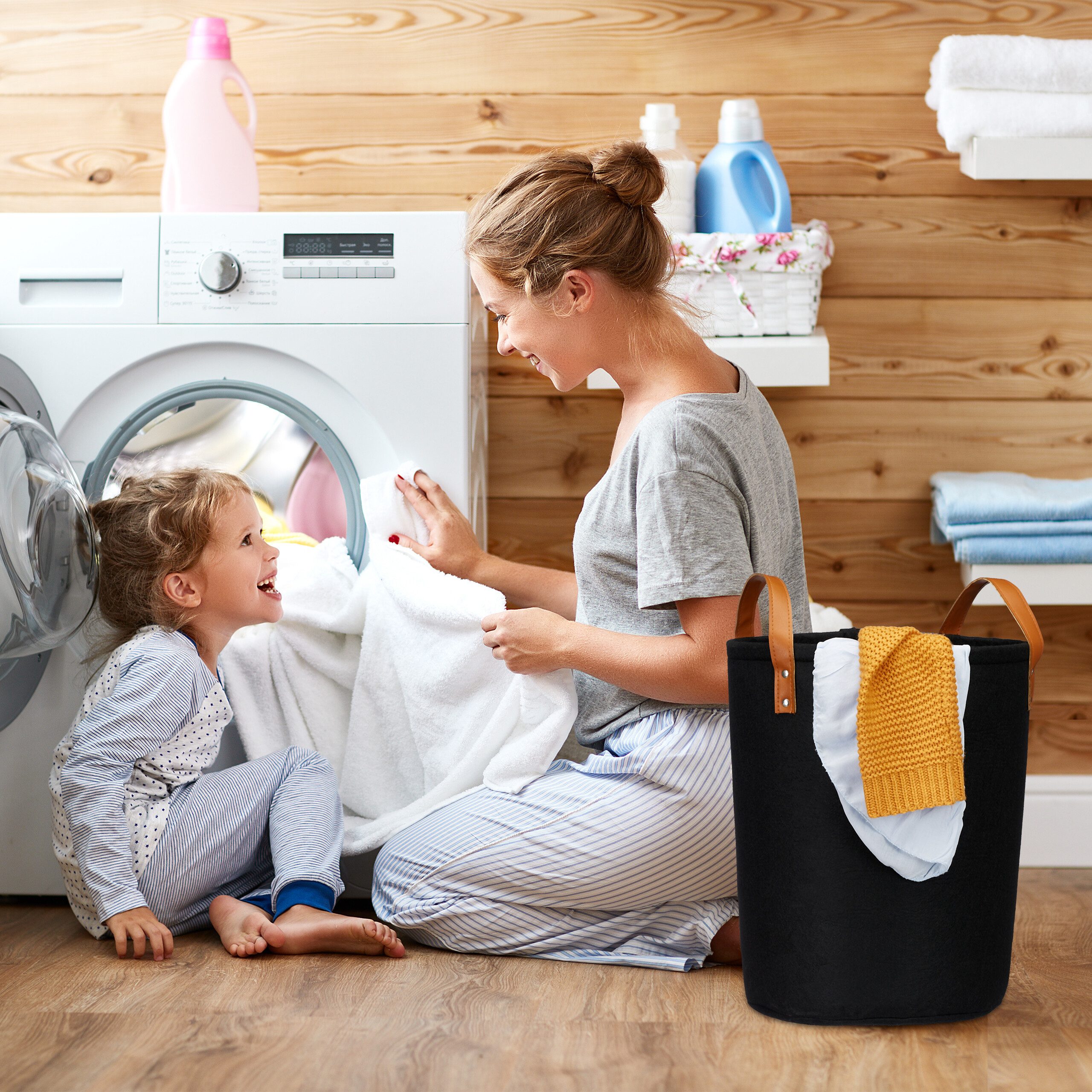 relaxdays Wäschekorb Filz Wäschekorb 28 Liter (2er Set), schwarz