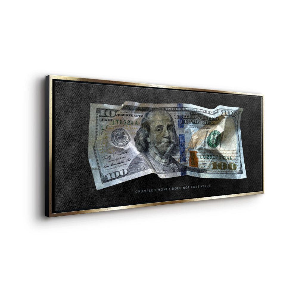 DOTCOMCANVAS® Leinwandbild, Premium V1 Money Crumble Motivationsbild goldener Rahmen 