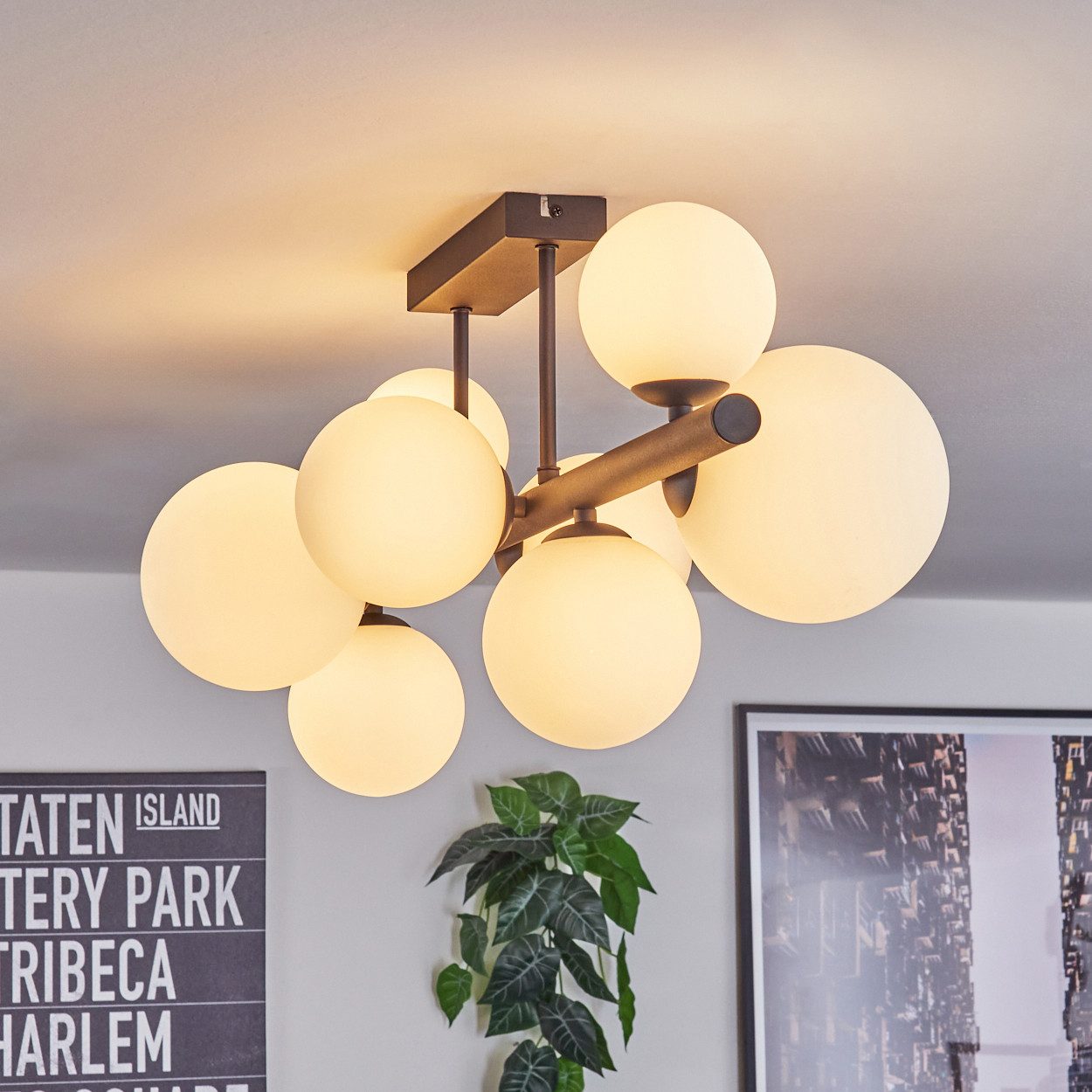 hofstein Deckenleuchte Deckenlampe aus Metall/Glas in Schwarz/Weiß, ohne Leuchtmittel, Leuchte im Retro/Vintage-Design, Glasschirme (10, 12, 15 cm), 8 x G9