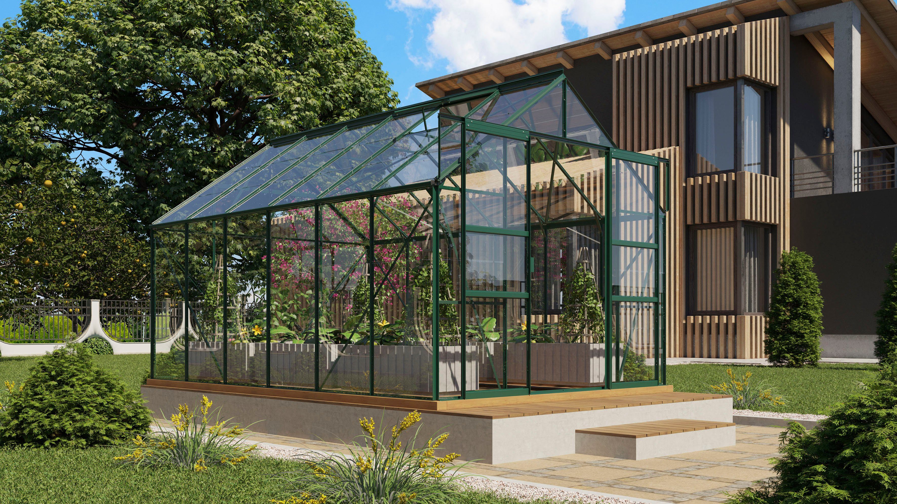 Vitavia Gewächshaus Mars 9900, BxTxH: 257 x 383 x 231,8 cm, 3 mm Wandstärke, Alu-Profile, 3 mm Sicherheitsglas grün