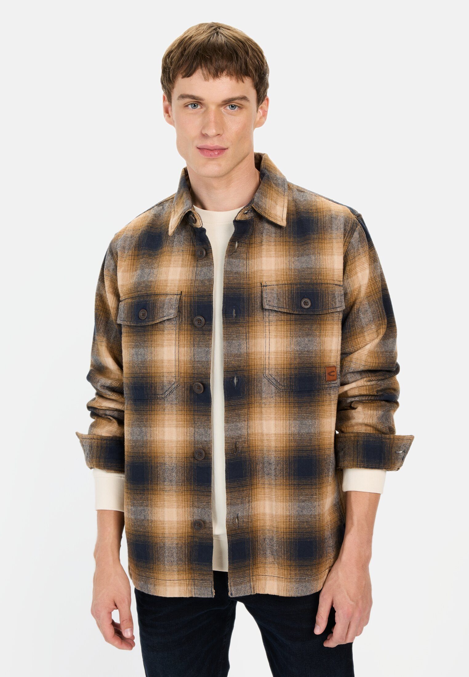 camel active Hemdjacke aus reiner Baumwolle Langarm Stehkragen Markenlogo günstig online kaufen