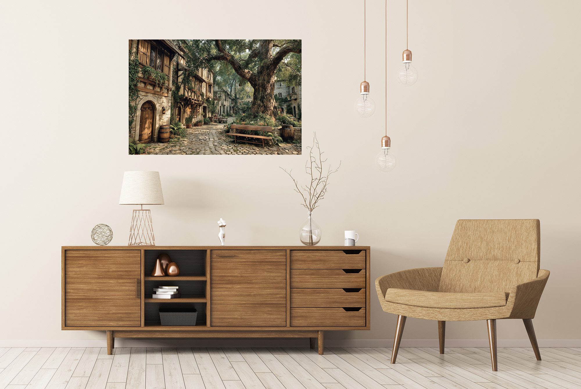 islandburner Poster Malerischer mittelalterlicher Dorfplatz mit großem Baum und