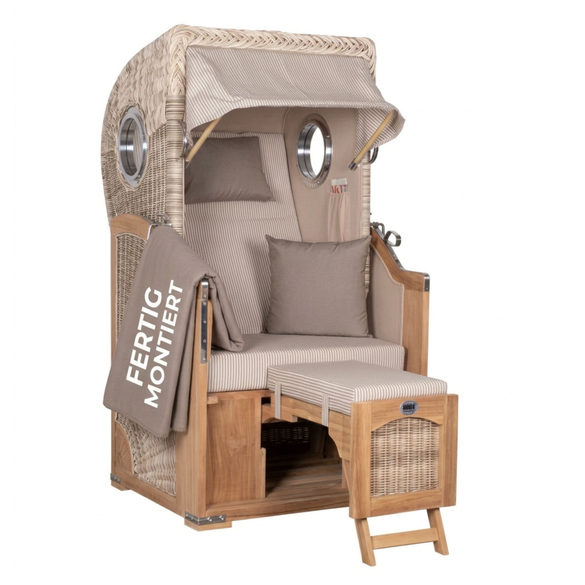 MR.DEKO Strandkorb 1-Sitzer Single Teak Shell Volllieger mit Bullaugen, BxTxH: 96x80x165 cm, Vollieger, Düne Single, (Fertig montierter Strandkorb für Garten, Terrasse & Balkon, 1-tlg), Wetterfester Volllieger mit Edelstahlbeschlägen & waschbaren Polstern