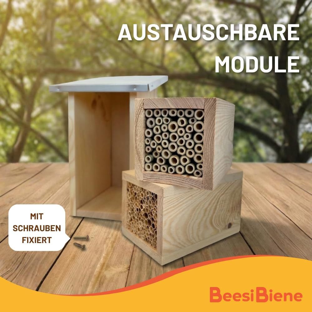 BEESI Insektenhotel mit Metalldach & Vogelschutz-Gitter, 2-Etagen XXL-Nisthilfe, 4-8mm, (1-St., für Solitärbienen – Vogelschutz-Gitter gegen Spechte/Meisen), Nisthilfe Wildbienen mit austauschbaren Holzkästen (Module)