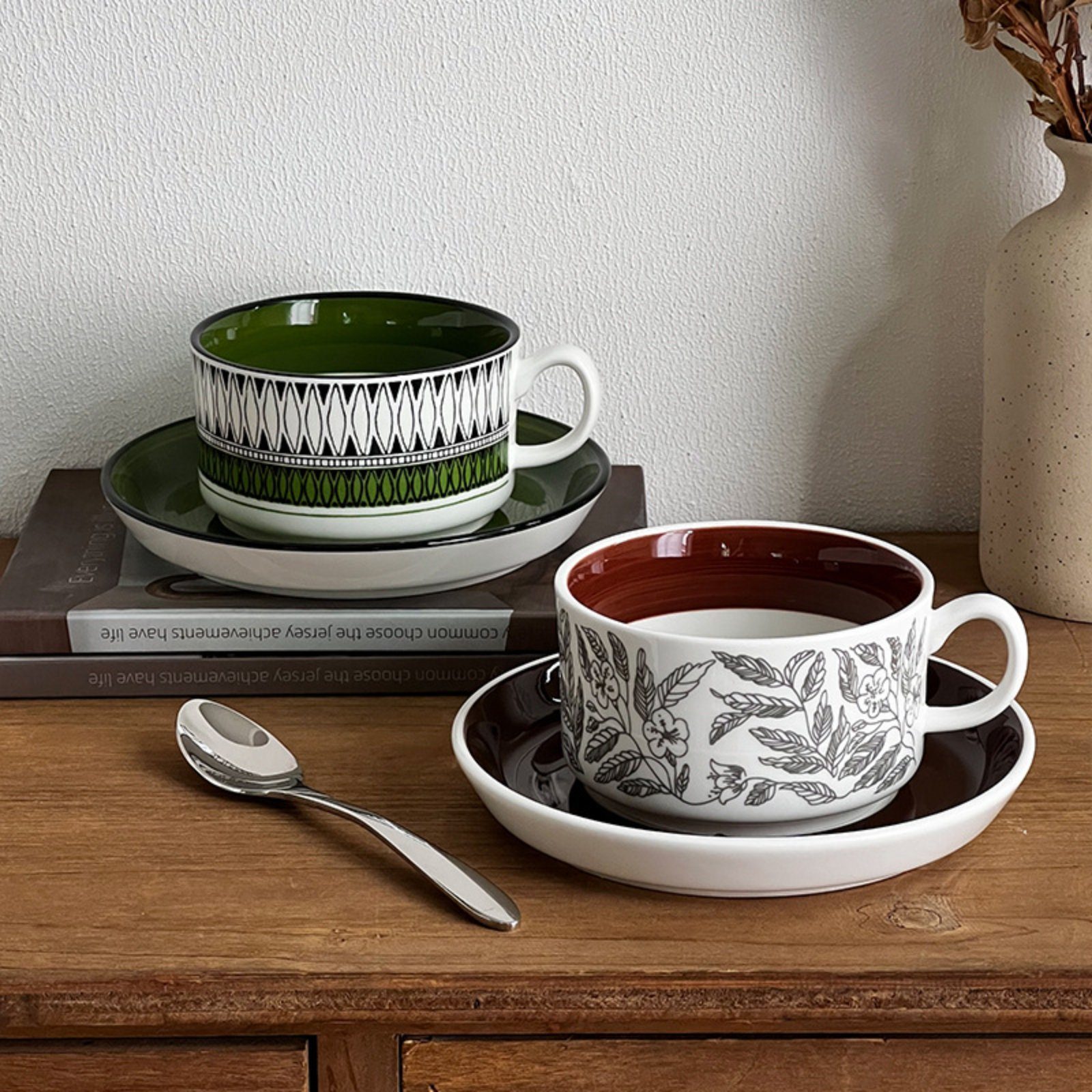 Braun Teetasse, Kaffeetassen Keramik, Tasse, Untersetzer, HOMEIDEAS mit Porzellan, 250ml