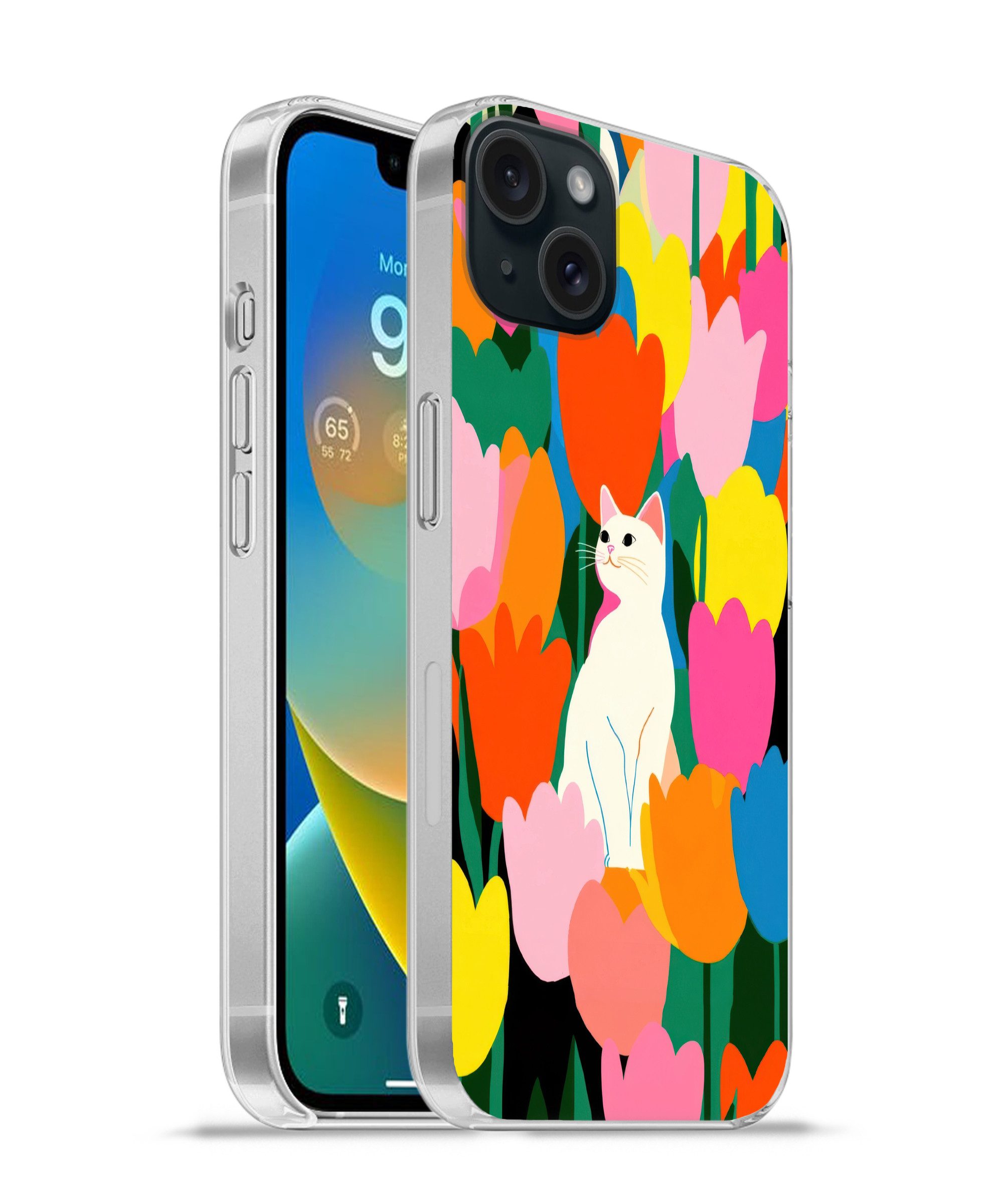 MuchoWow Handyhülle für Apple iPhone 15 Plus Tulpen - Katze - Farbenfroh, Smartphone-Bumper, Print, Handy Schutzhülle Dünn