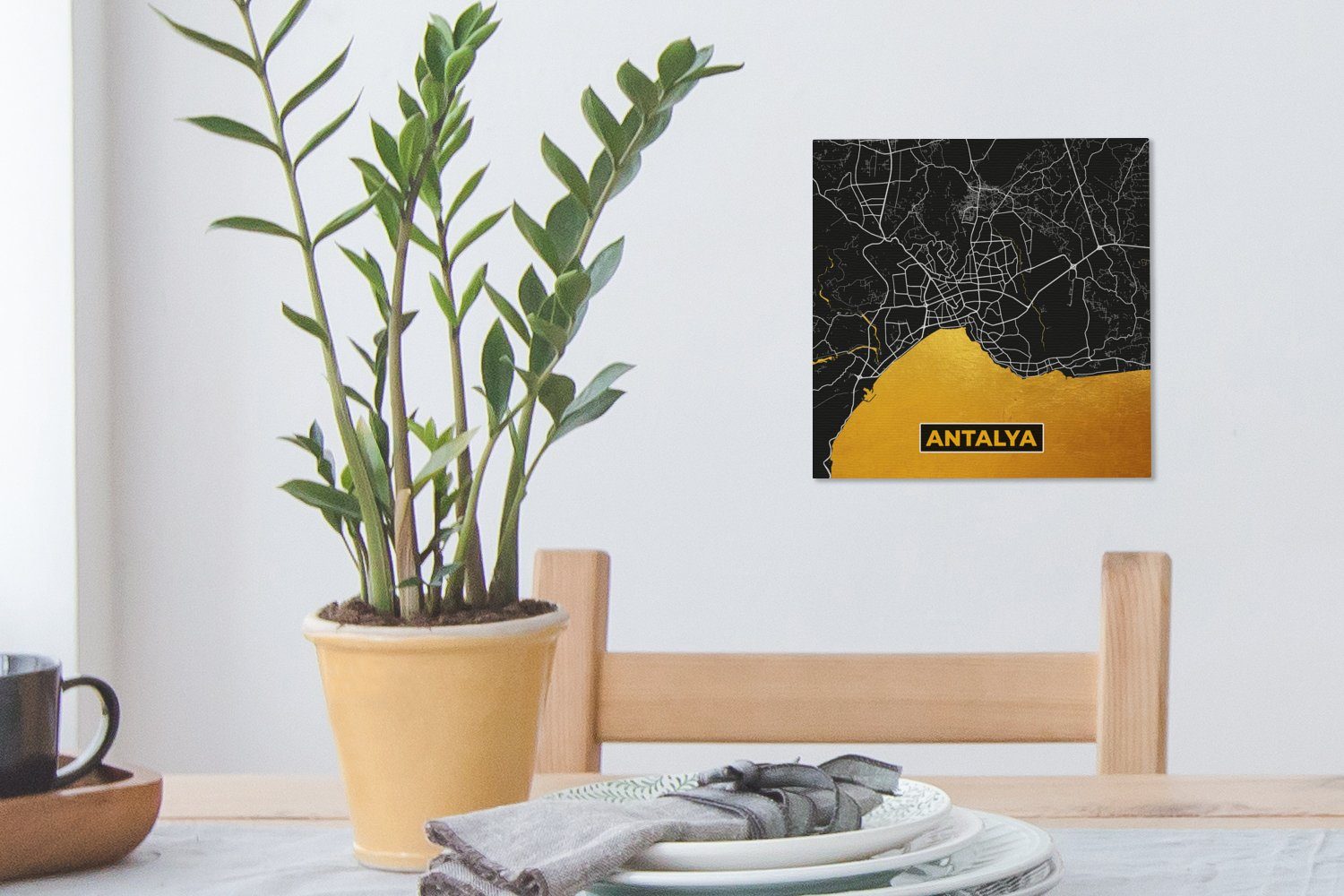 Schlafzimmer Antalya - Leinwand OneMillionCanvasses® Bilder für (1 St), Gold Leinwandbild Stadtplan, - Karte - Wohnzimmer