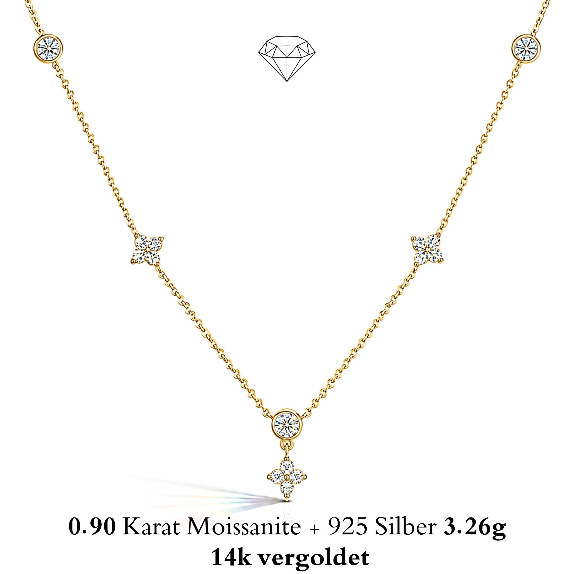 UNIQAL.de Silberkette VELVET BLOSSOM 925 Sterling Silber Moissanit Diamant Look 0,90 Karat (florales Clover Design, weißgold veredelt oder 14K vergoldet, inkl. Luxuriöse Schmuck Geschenkbox), Moissanit VVS1 Reinheit, GRA-Zertifikat, elegante Halskette für Damen