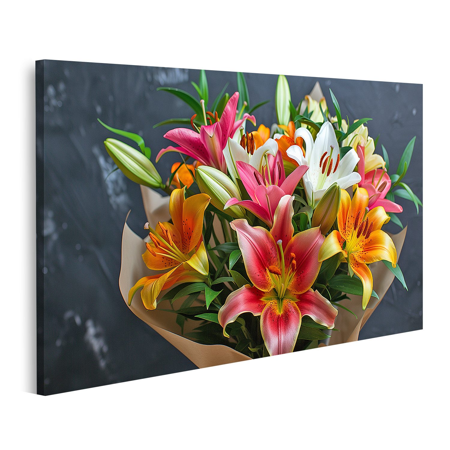 islandburner Leinwandbild, Farbenpracht von Lilien im Bouquet
