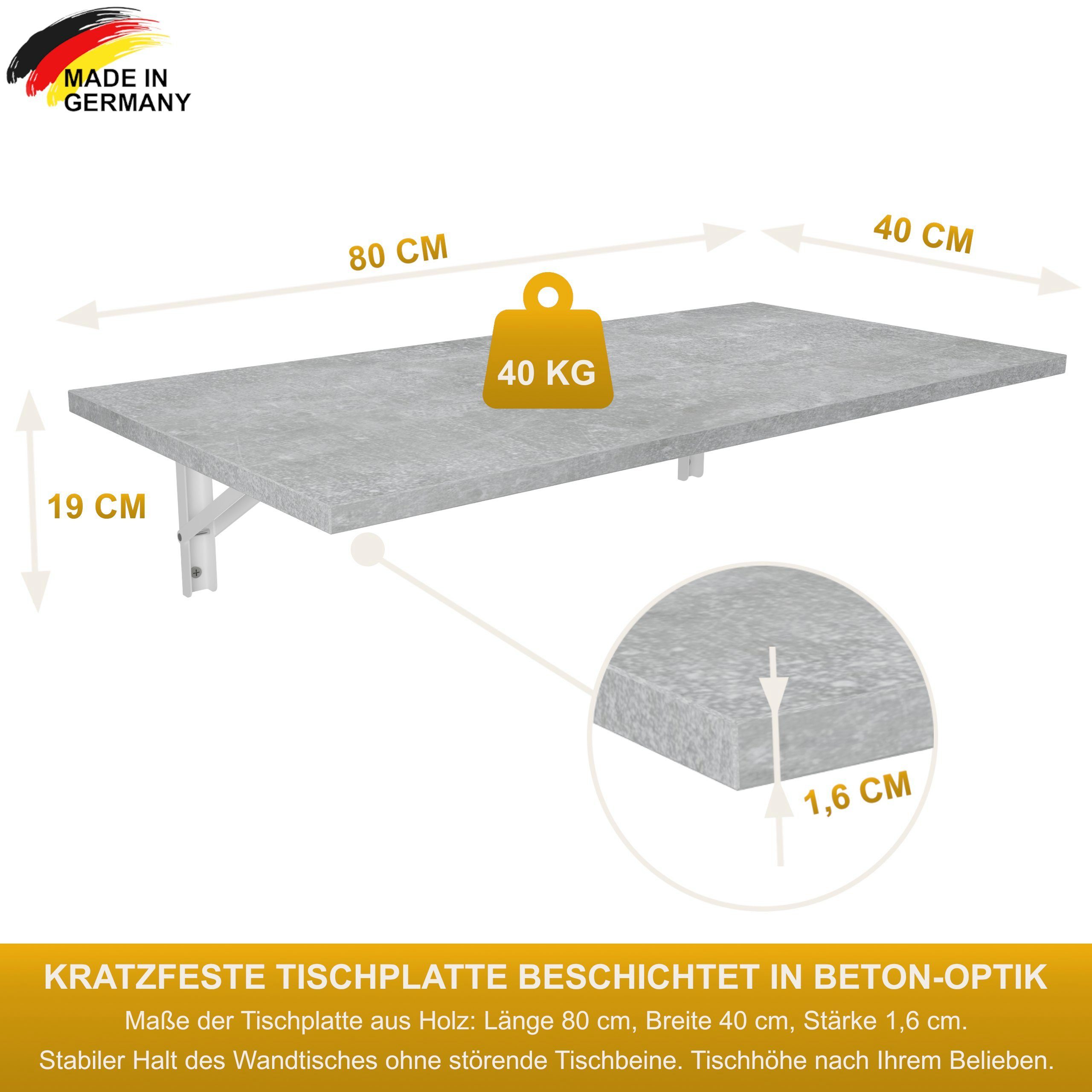 KDR Produktgestaltung Klapptisch 80x40 Beton Küchentisch Tisch, Esstisch Wand Schreibtisch Wandklapptisch