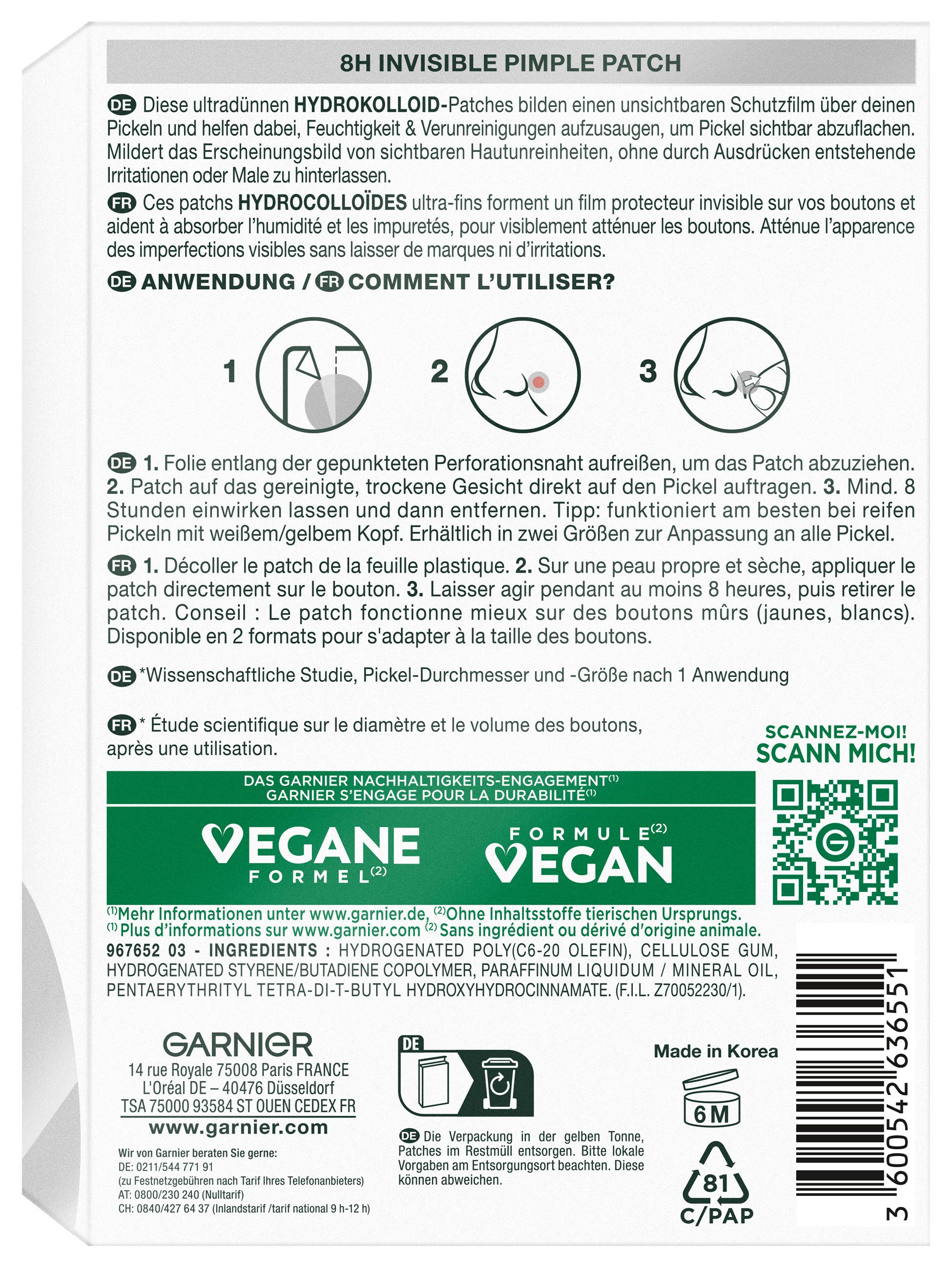 GARNIER Pickel-Tupfer GARNIER 8H INVISIBLE PIMPLE PATCH, Flacht Pickel ab mit Hydrokolloid, keine Pickelmale.