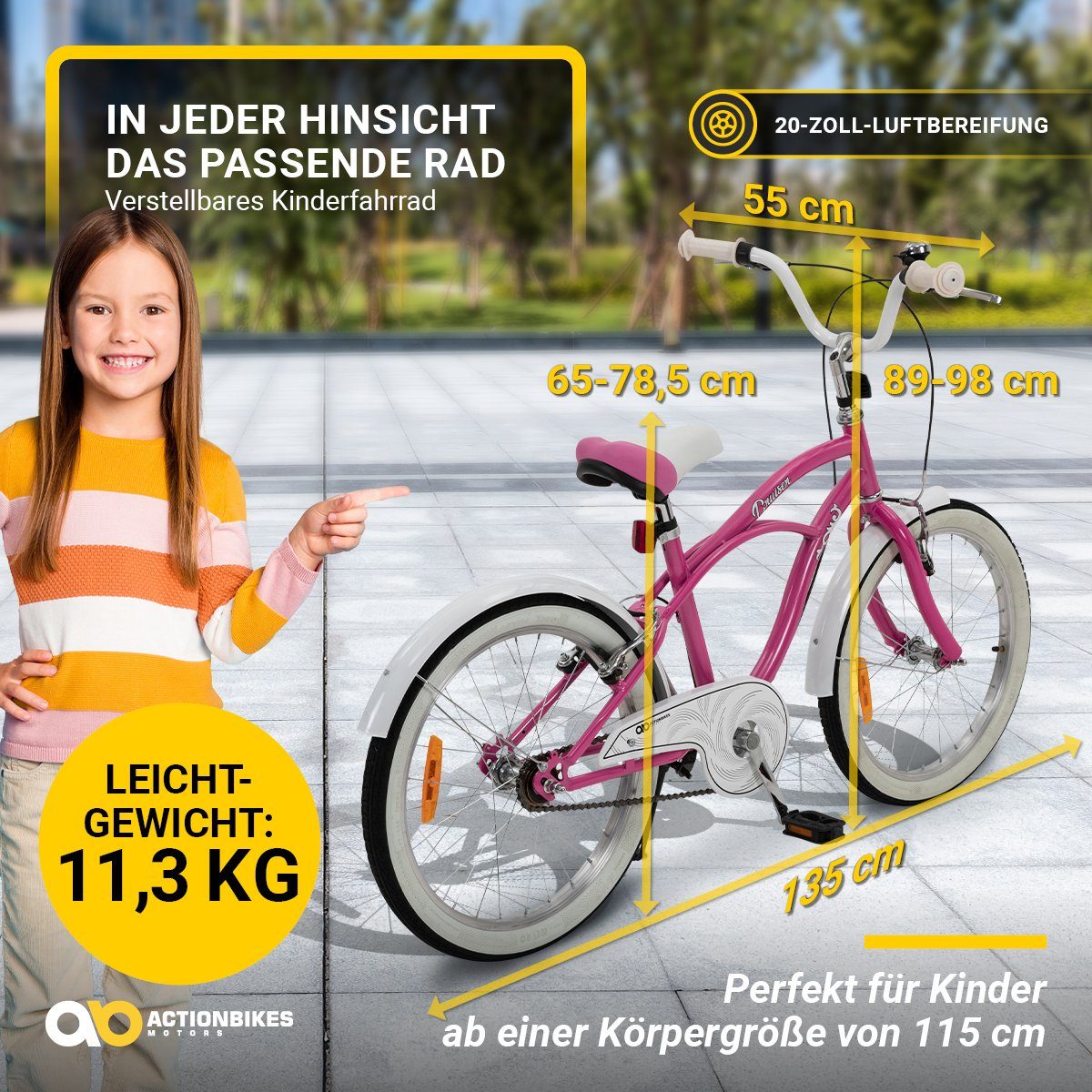 Actionbikes Motors Kinderfahrrad Kinder Fahrrad Cruiser 20 Zoll - ab 6 Jahre, 1 Gang, ohne Schaltung, (Reflektoren, Katzenaugen, Antirutschprofil, Klingel, Kettenschutz, 1-tlg., Trapez-Rahmen, V-Brake-Bremsen, max. Zuladung 40 kg), höhenverstellbares Bike Jungen Mädchen Kinderrad ab 115 cm rosa