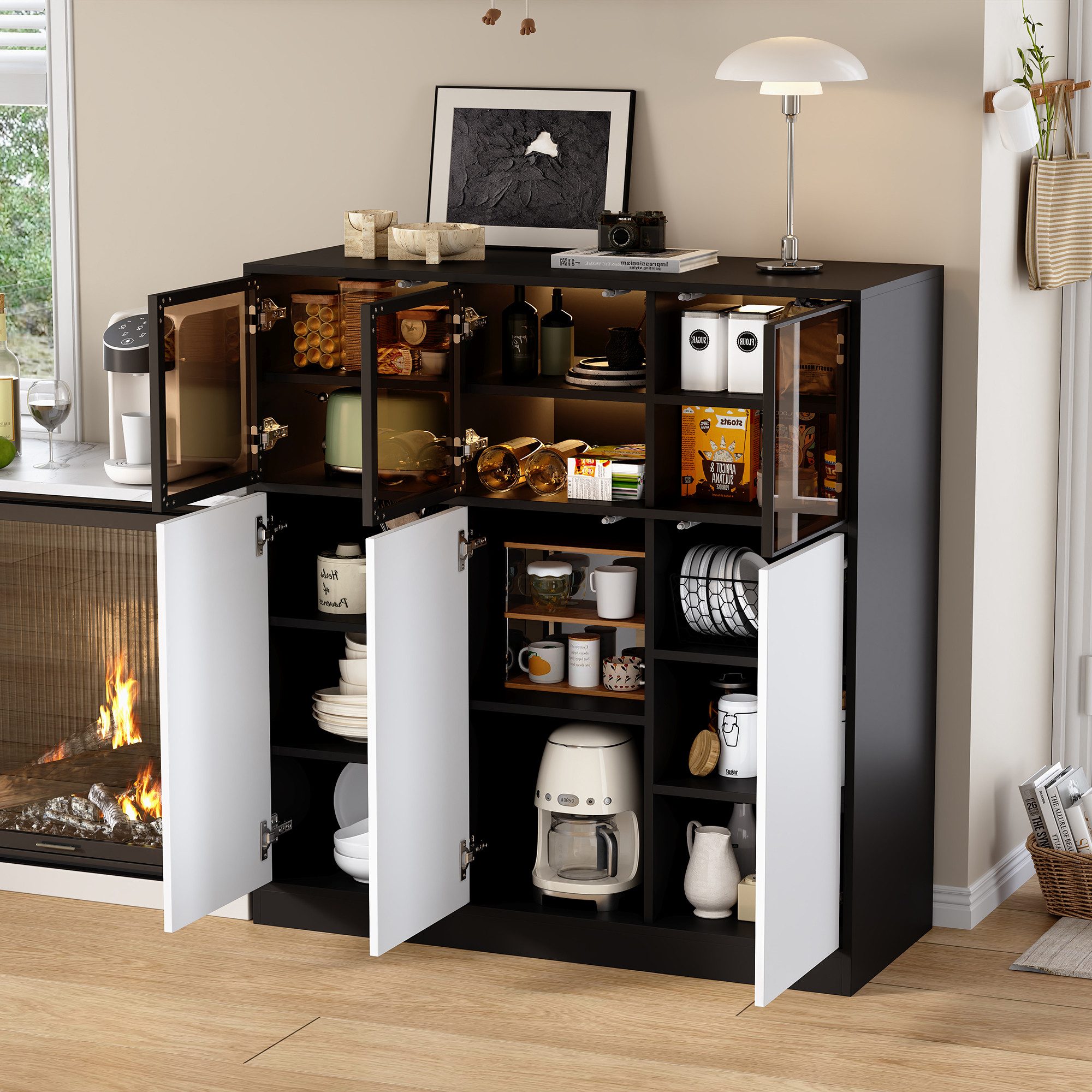 Flieks Mehrzweckschrank Sideboard mit LED-Beleuchtung und Glastüren (1-St., 100x40x105 cm) Küchenschrank Sideboard Holzschrank mit 14 Fächer Schwarz&Weiß – Bild 2 von 5