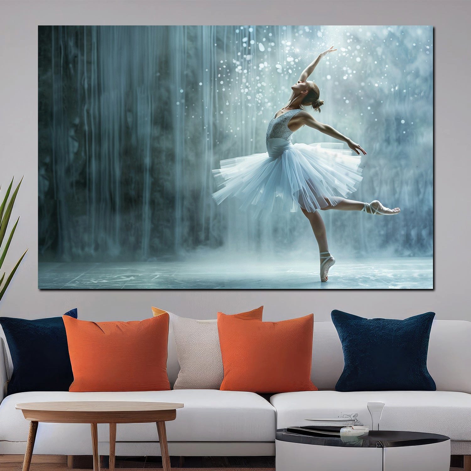 Artedinoi Leinwandbild Ballerina Wasserfall elegant Weiß Leinwandbild Wandbild XXL Deko, Ballerina am Wasserfall
