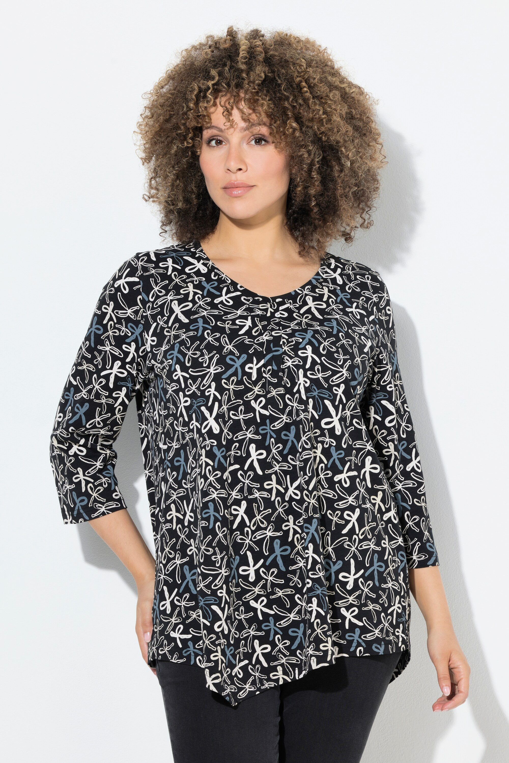 Ulla Popken T-Shirt Shirt Zierfalten A-Linie V-Ausschnitt 3/4-Arm günstig online kaufen