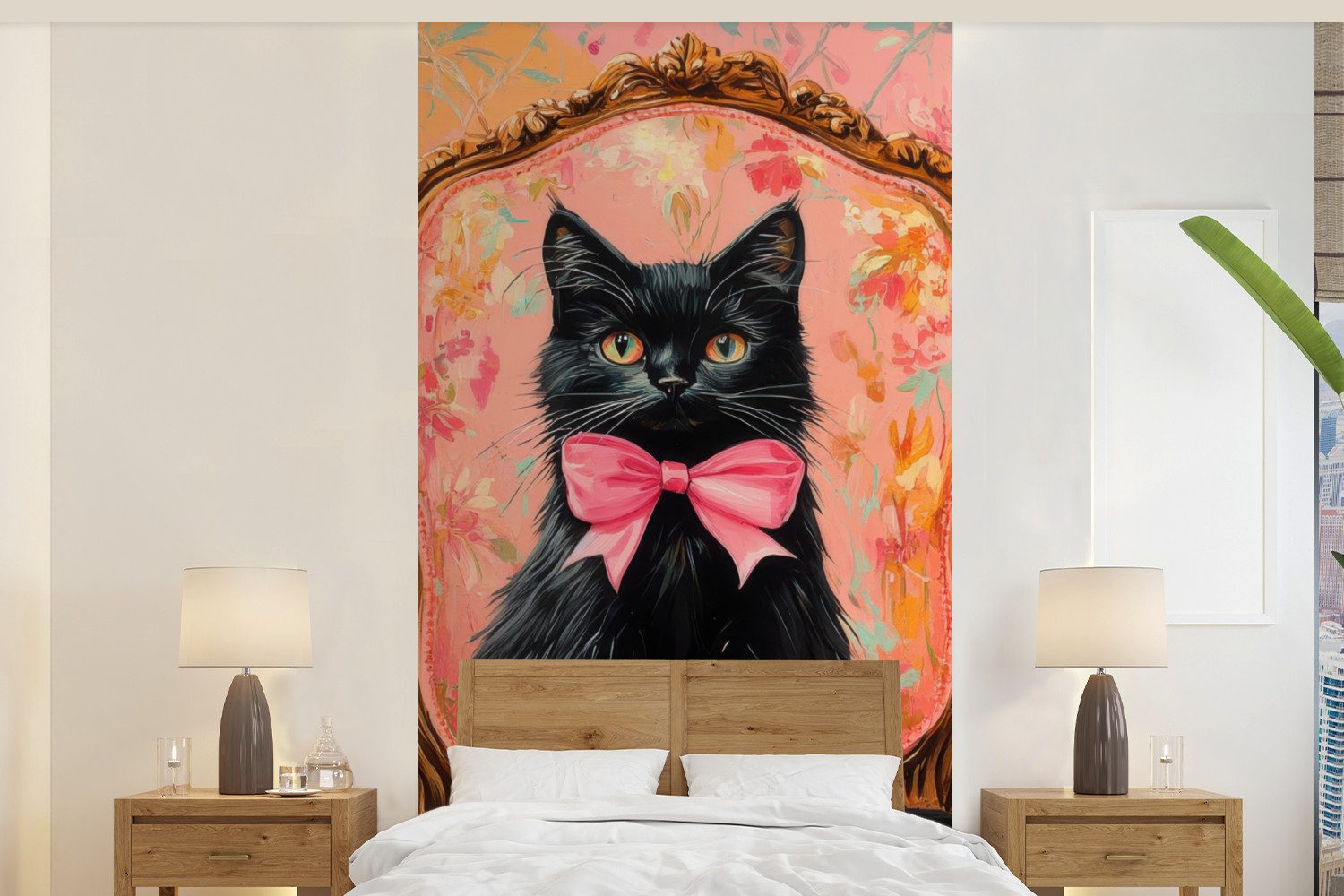 MuchoWow Fototapete Katze - Rosa - Stuhl mit Blumenmuster, Matt, bedruckt, Vliestapete für Wohnzimmer Schlafzimmer Küche, Fototapete, 120x240 cm