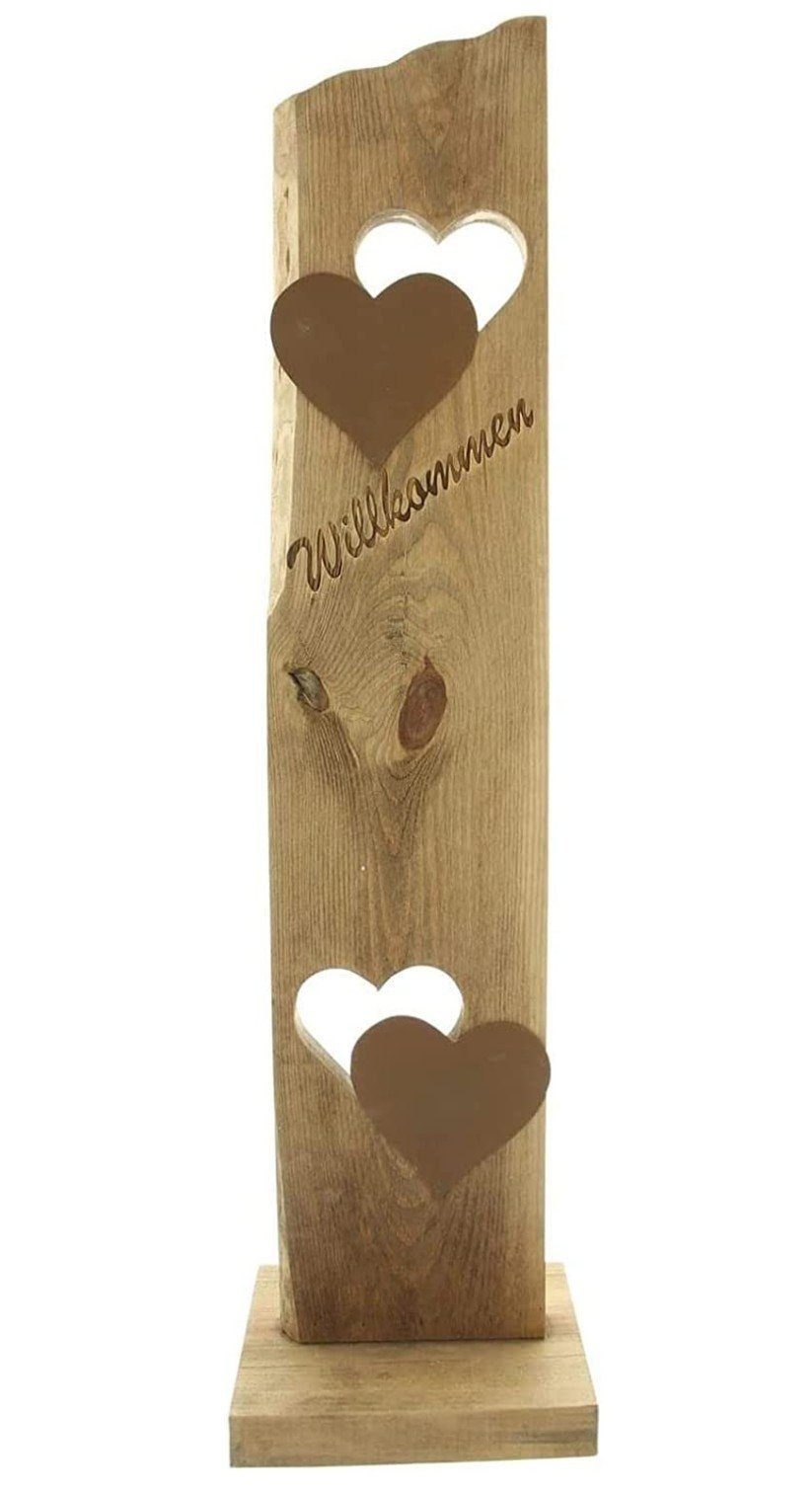 Dekoleidenschaft Dekosäule "Willkommen" aus Holz 80 cm hoch mit 2 Herzen aus Metall in Rostoptik, Welcome Holzdeko, Eingangsbereich, Eingangsdeko, Säule