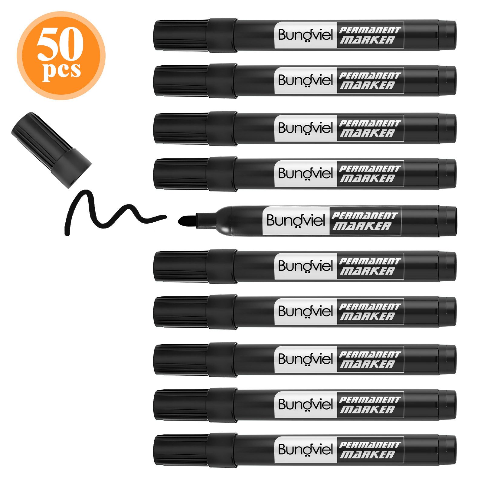 Bundviel Permanentmarker 50 xPermanent Marker Filzstift,schwarz Rundspitze ca.3 mm Wasserfest