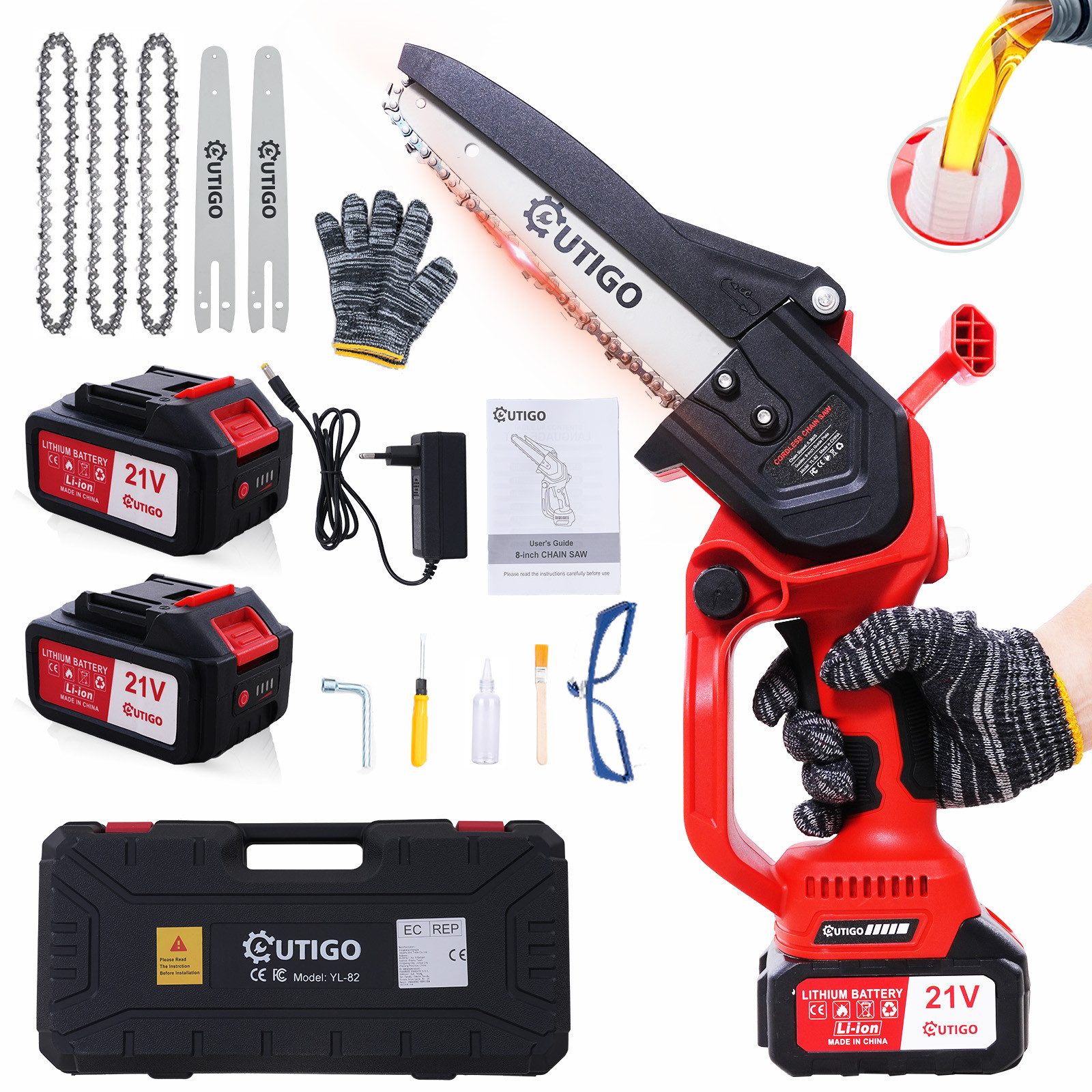 OUTIGO Akku-Kettensäge 8C, 22 cm Schwertlänge, 2 *3Ah Akkus, 3 Führungsstange, 4 Sägekette, Bürstenlosen Motor