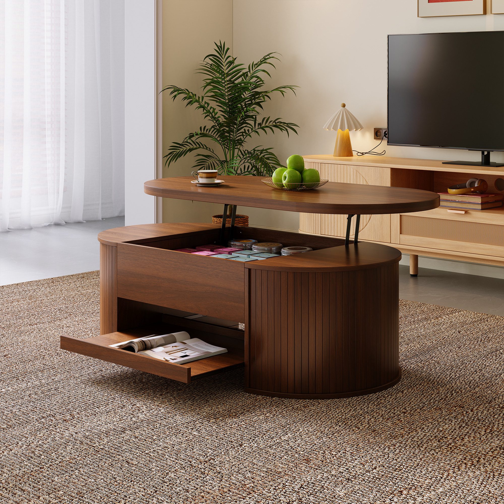 KLAM HOME Couchtisch Anhebbarer Couchtisch Nussbaum mit gebogenen Holzseiten (Multifunktionaler Wohnzimmertisch mit ausziehbarem Regal), Höhenverstellbarer Couchtisch aus MDF mit Stauraum