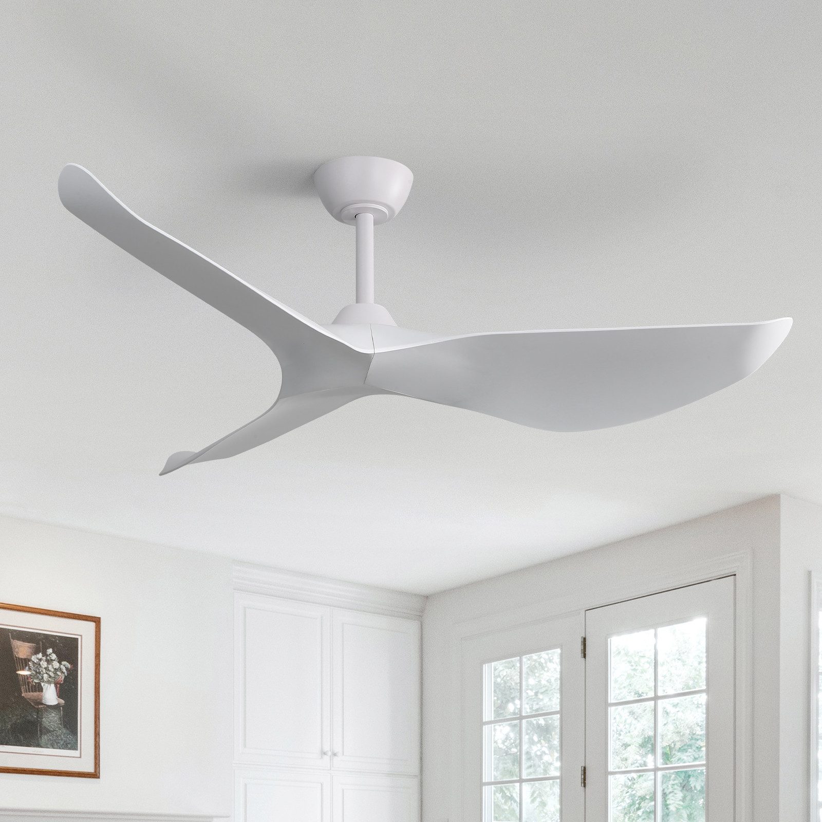 Sofucor Deckenventilator ohne Licht, DC, 96,5cm, drei weiße Flügel, mit Fernbedienung, Timer, 6 Geschwindigkeiten, Sommer und Winter einstellbare