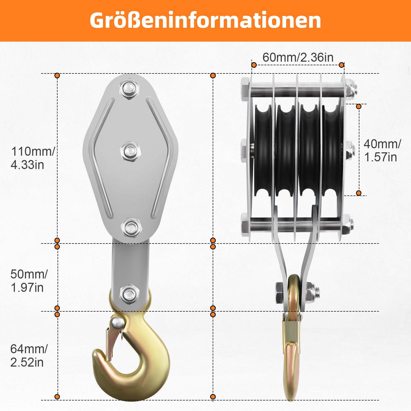 JOYOLEDER Seilzug Flaschenzug Maximale Kapazität: 2000 kg, mit 20 m Seil, Seilzug, (mit Umlenkrolle, Handseilwinde bis 2.5 m Hubhöhe, Handseilzug 8:1)