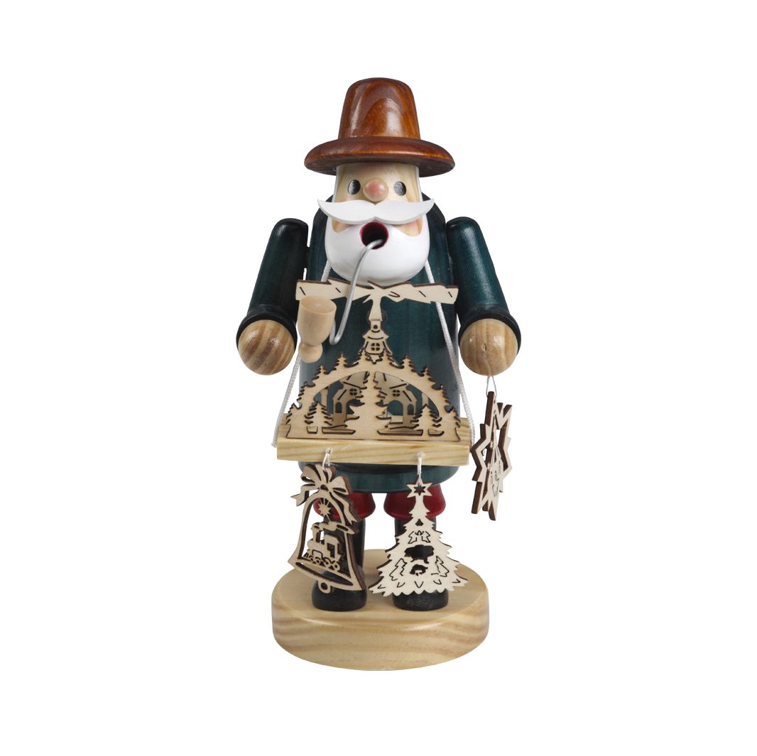 Kaladia Räuchermännchen Räucherfigur mit Bauchladen - Leuchtenhändler - aus Holz - ca. 35 cm, für Räucherkerzen der Größe M - weihnachtliche Winterdekoration