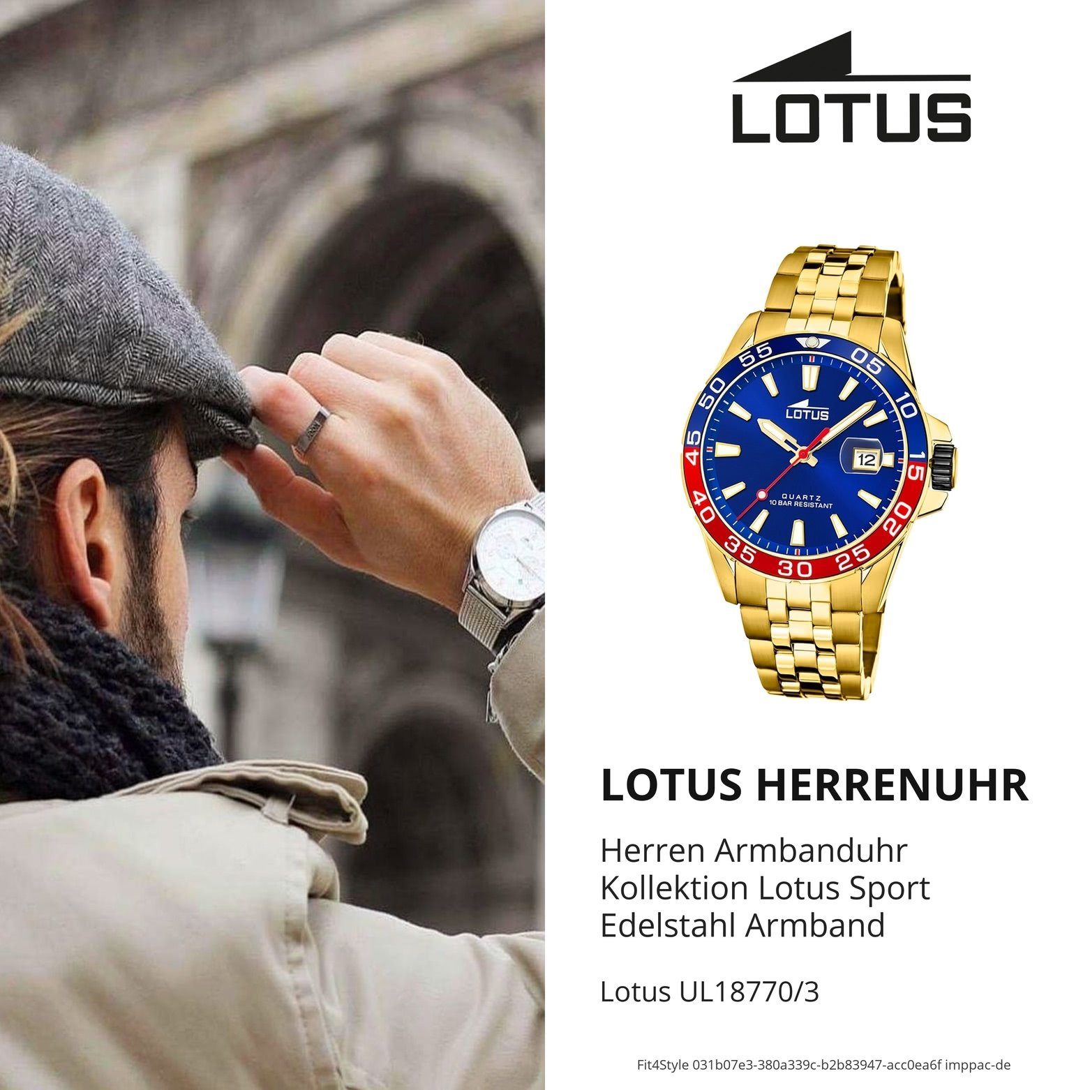 Lotus 18770/3, Armbanduhr groß Sport Herren (ca. Herrenuhr Lotus Quarzuhr gold Edelstahlarmband 44mm) rund,