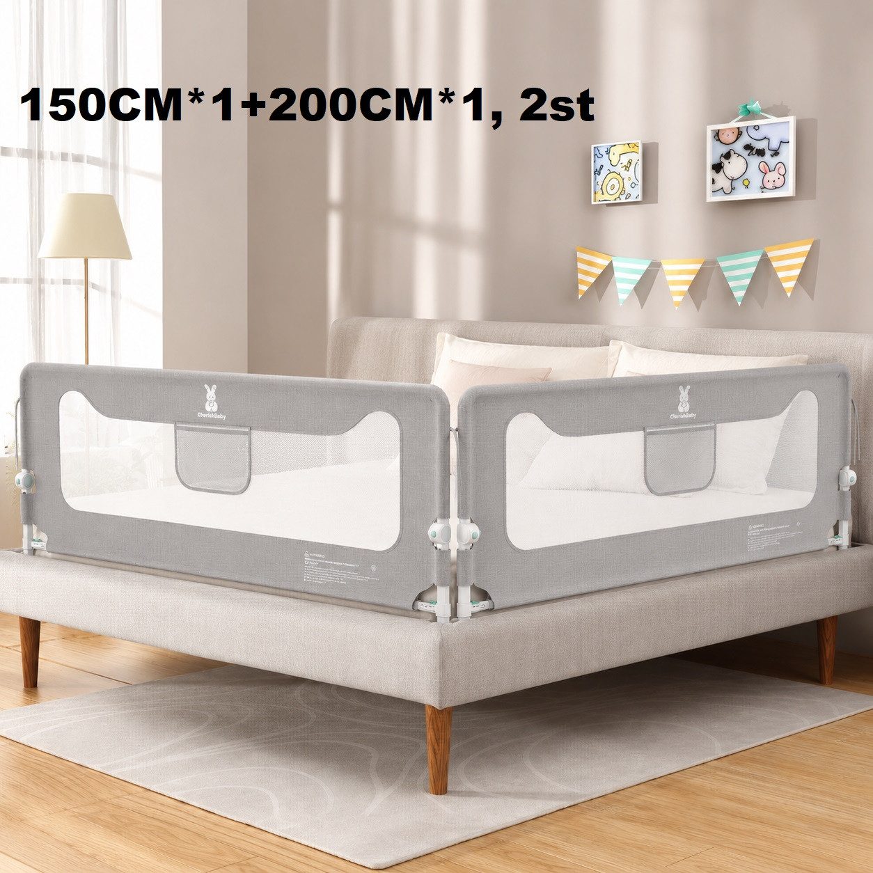 Huracan Bettschutzgitter Bettgitter 150/180/200cm, Rausfallschutz Bett, (14-Fach höhenverstellbar, Klappbar Bettschutzgitter für, Kinder Baby,Stabiler Kinderbettgitter für Babybett), mit Sicherheitsgurt, Elternbett & Kinderbett