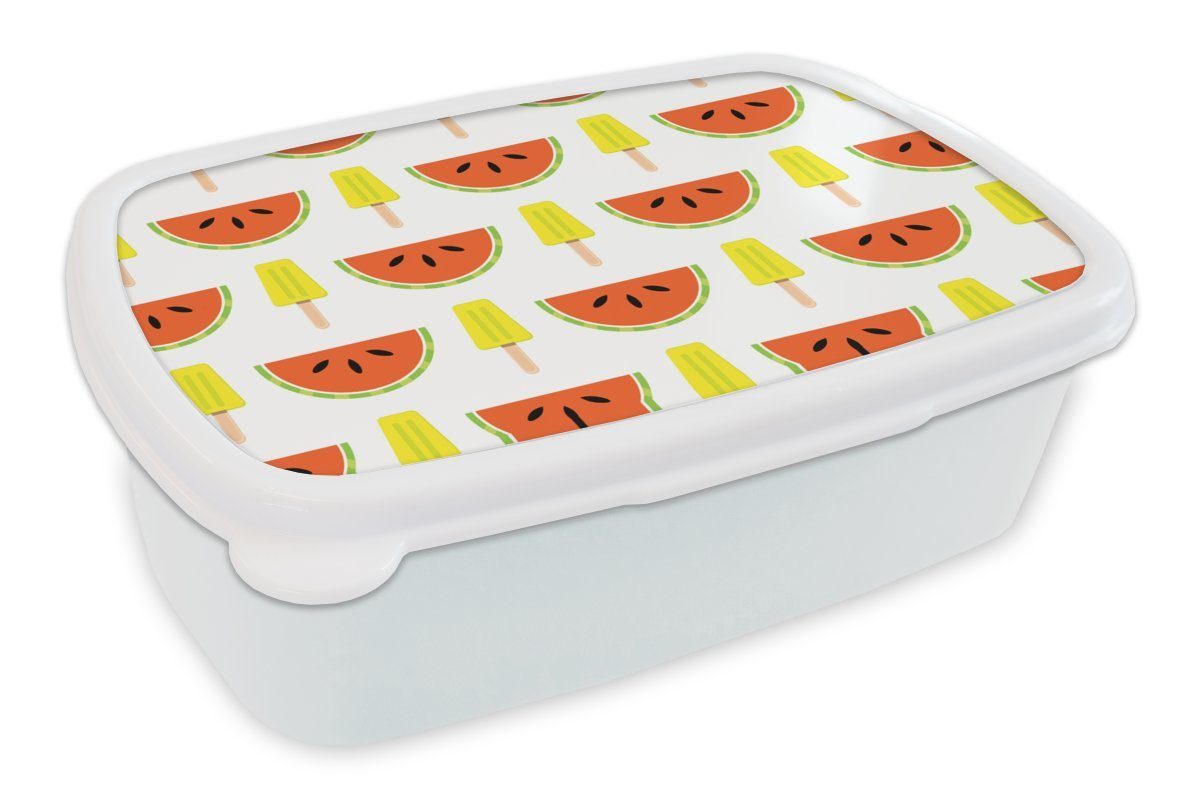 MuchoWow Lunchbox Eiscreme - Wassermelone - Muster - Sommer, Kunststoff, (2-tlg), Brotbox für Kinder und Erwachsene, Brotdose, für Jungs und Mädchen weiß