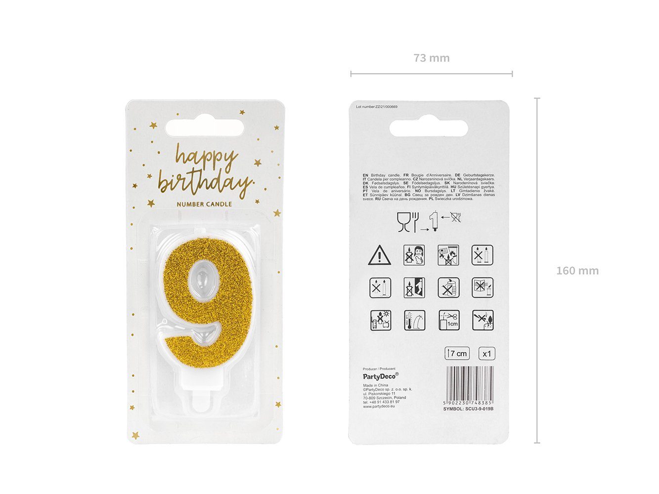 partydeco Geburtstagskerze, Geburtstagskerze Zahl 9 mit Glitzer 7cm gold