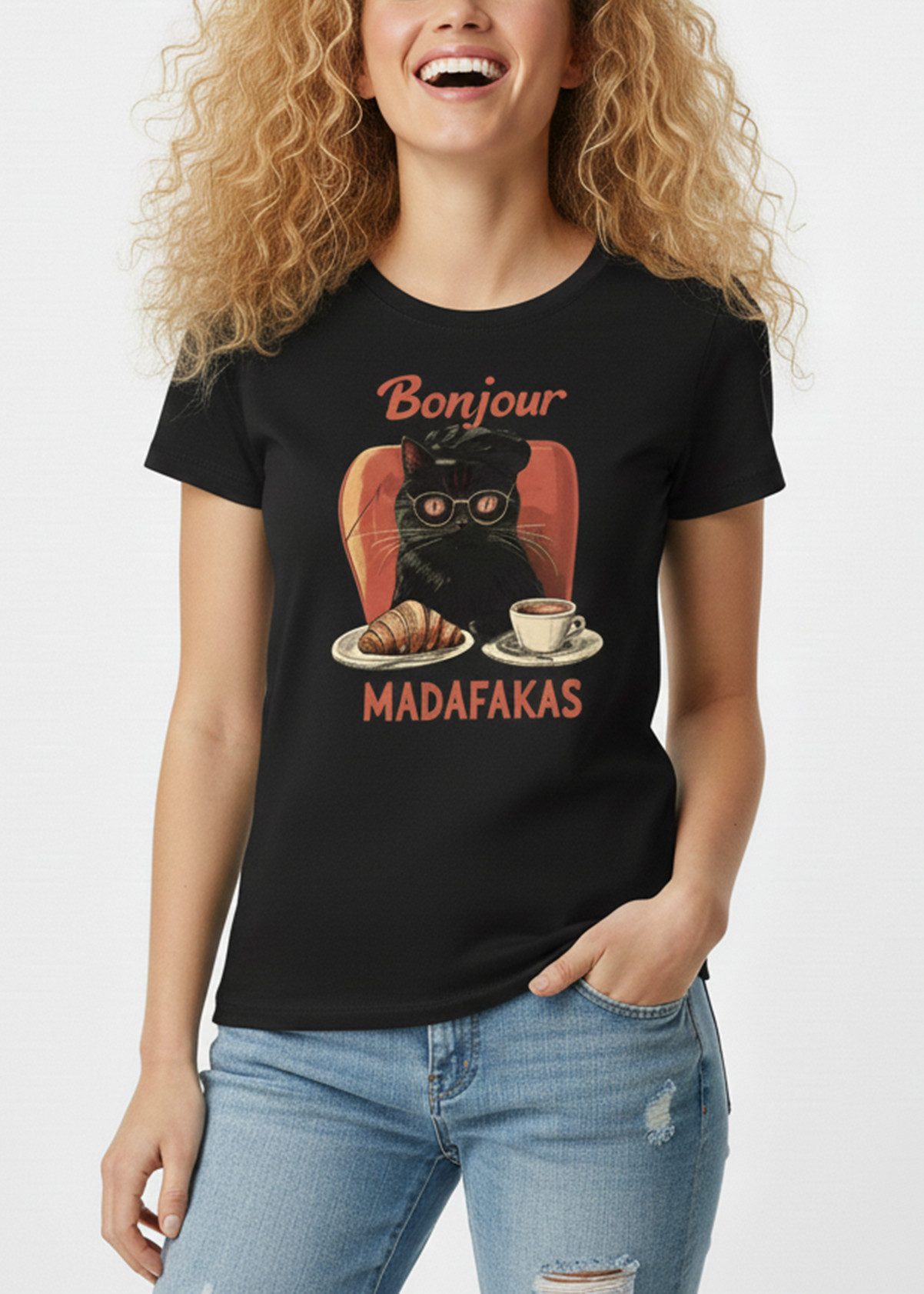 MAKAYA Print-Shirt Schwarzes Damen Top – Lustige Katze mit französischem Spruch (Schwarz, S, M, L, XL) Baumwolle