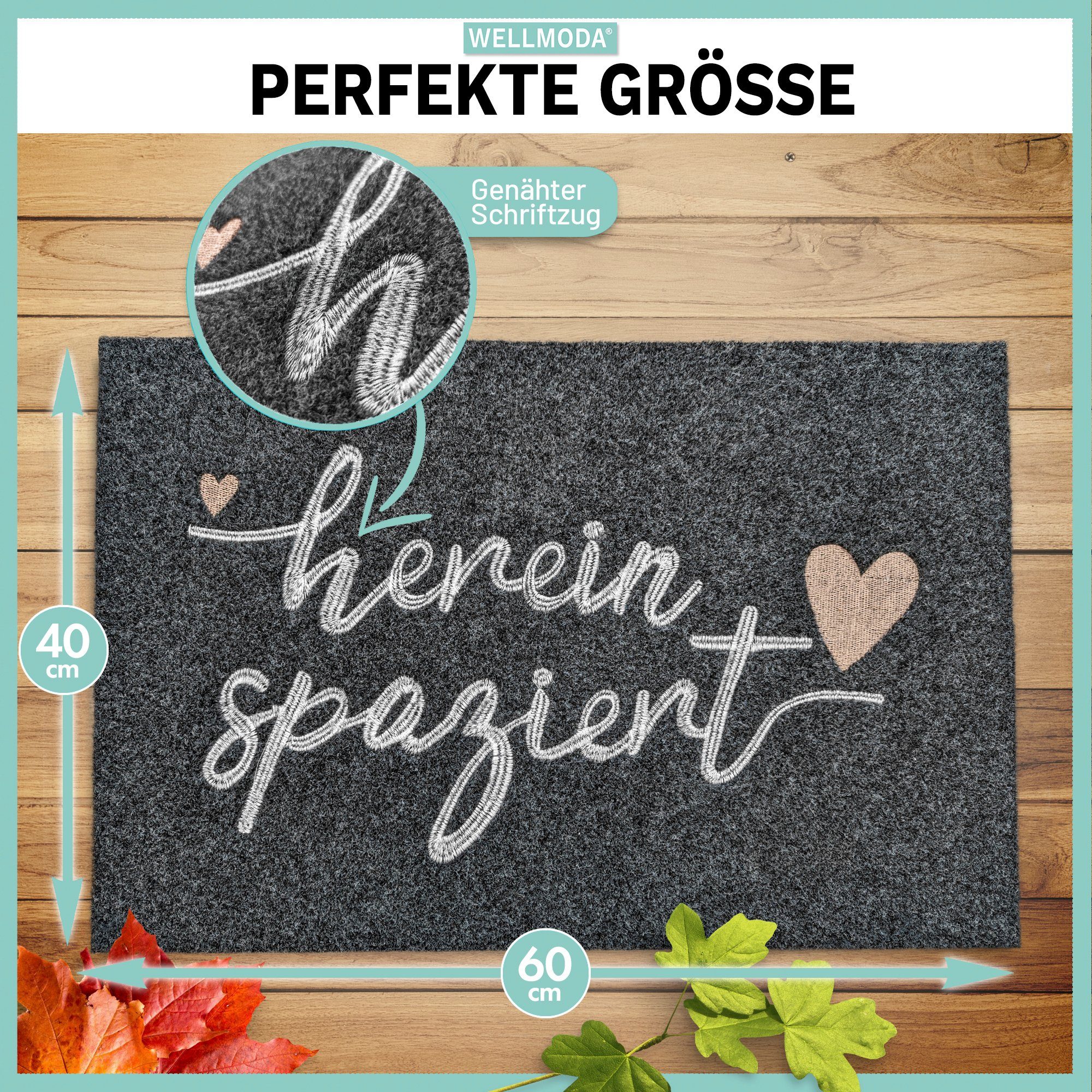 WELLMODA Fußmatte Hereinspaziert I + Genähter Schriftzug, Rechteckig, Höhe: 6 mm, Rutschfest