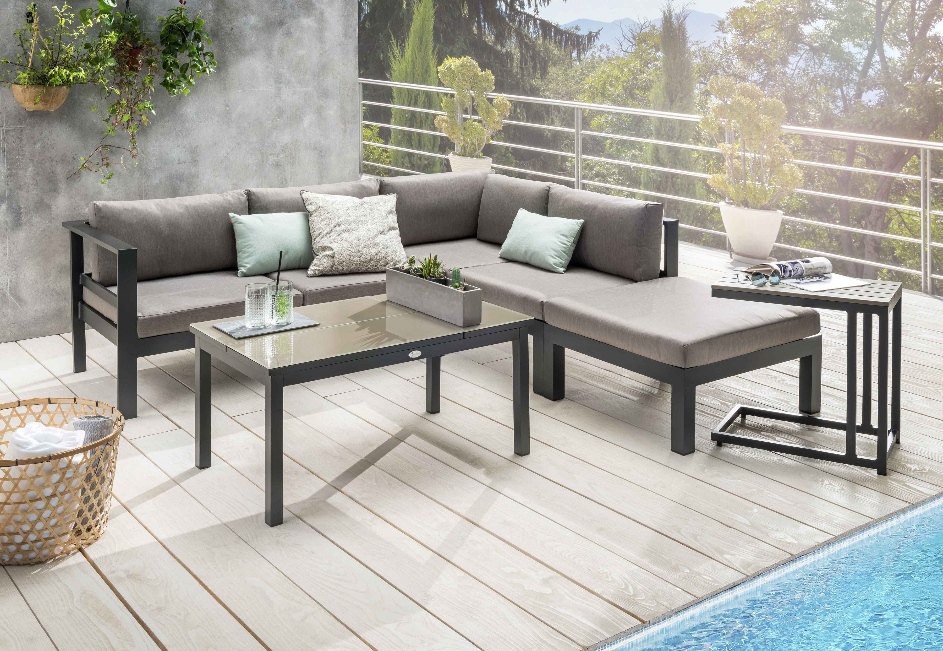 Destiny Gartenlounge-Set ARENAL, (Set, 15-tlg), 60x35x58 Ecklounge, cm 100x60x49/56cm, Tisch 1 Hocker, Beistelltisch